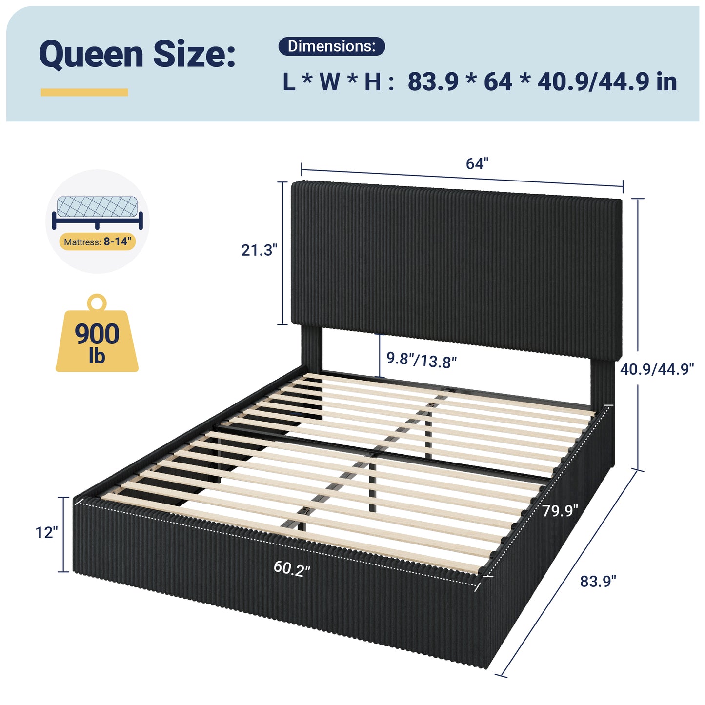 Allewie Bed Frame, Upholstered Platform Bed, Adjustable Vertical Channel Tufted Headboard, Corduroy Fabric, Modern Low Profile, Wooden Slats, No Box Spring Needed, Easy Assembly
