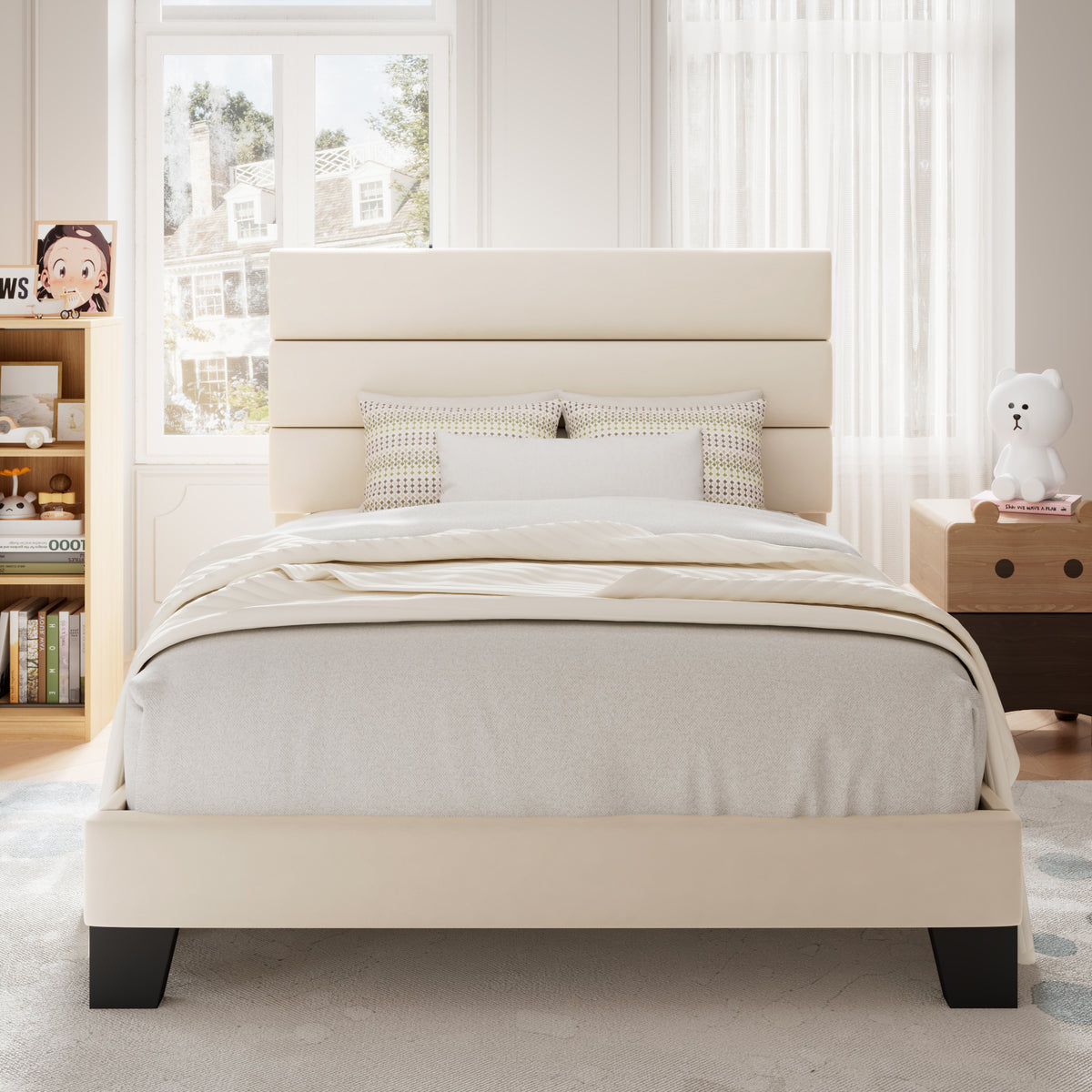 Allewie Platform Bed Frame with Velvet Upholstered Headboard, No Box Spring Needed