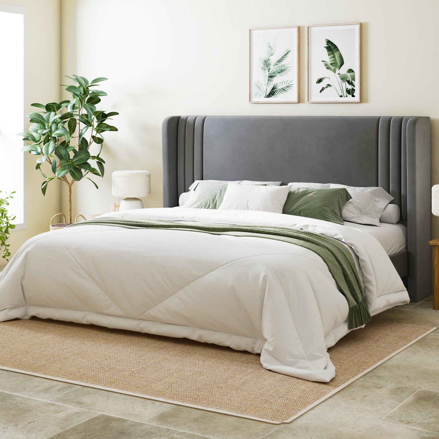 Allewie Velvet Platform Bed Frame with Vertical Tufted Wingback Headboard, Easy Assembly, Under Bed Storage, No Box Spring Required, Modern Style