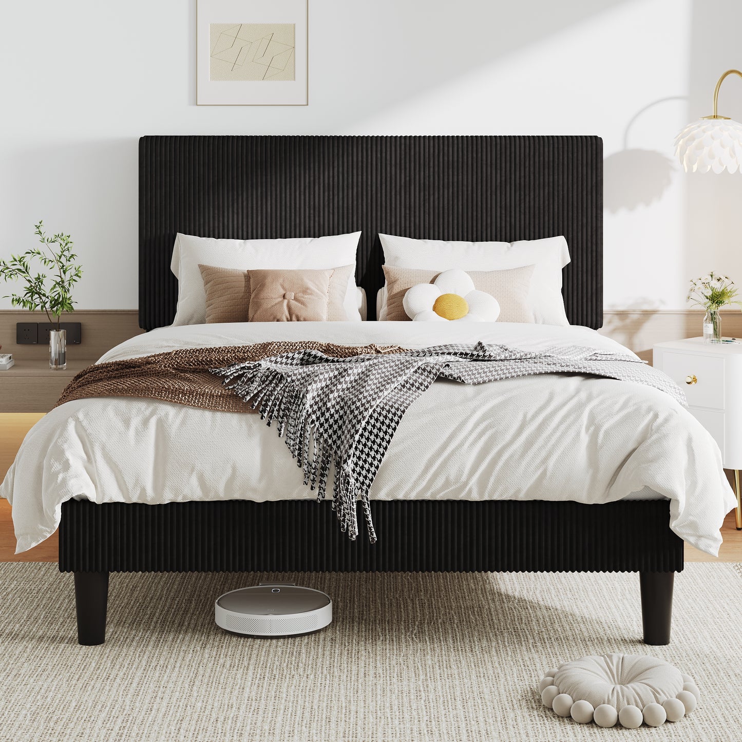 Allewie Upholstered Bed Frame with Vertical Channel Tufted Headboard, Soft Corduroy Fabric Platform Bed