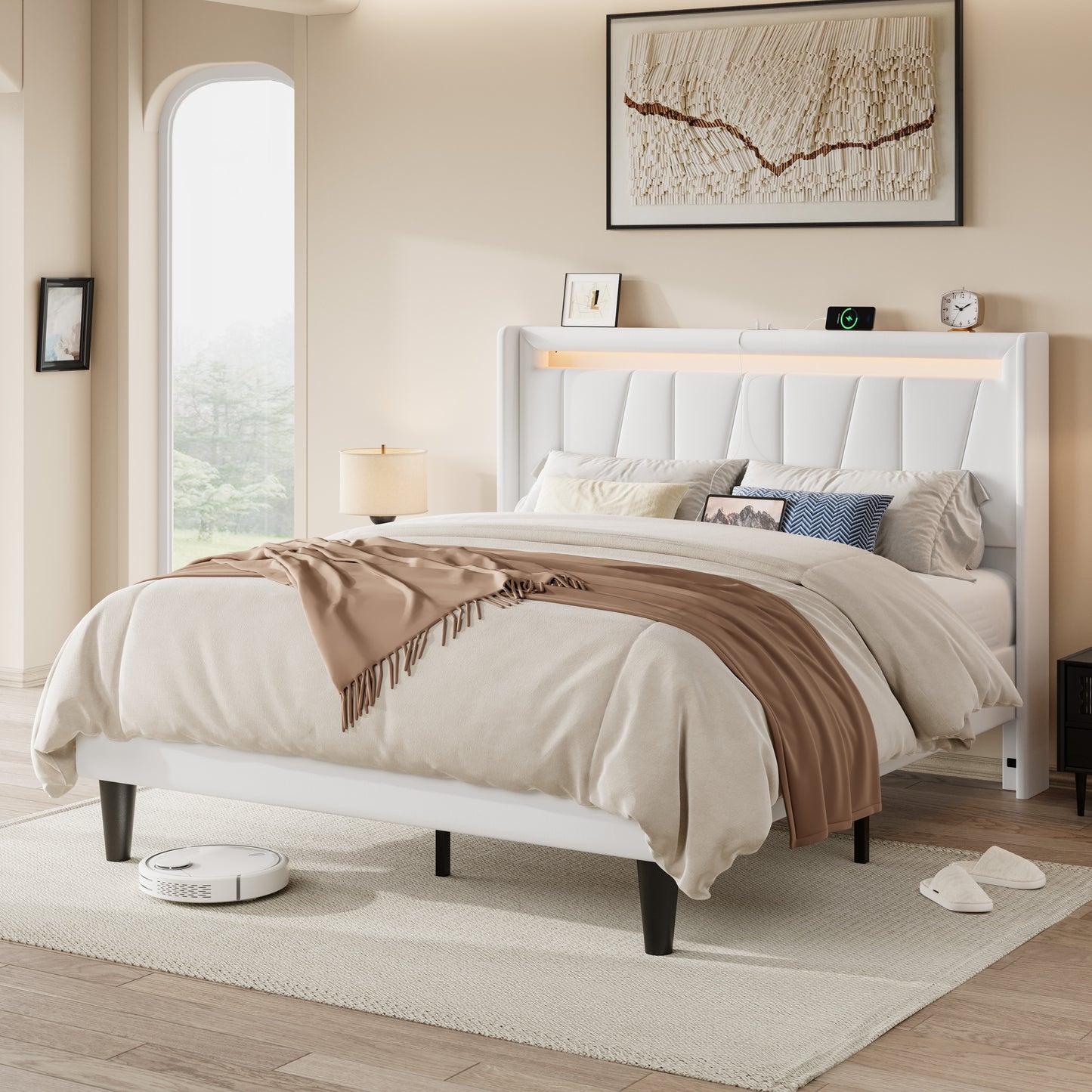 Allewie LED Bed Frame with Charging Station, Velvet Upholstered Platform Bed with Geometric Wingback Headboard