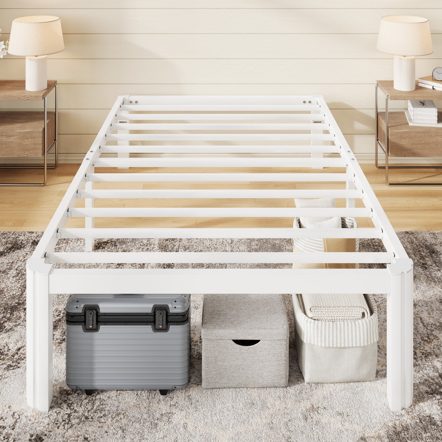 Allewie 14" Heavy Duty Metal Platform Bed Frame, Round Legs, 3500lb | Rounded corner legs, scratch-proof feet, noise free. No box spring needed. 12 inch under-bed storage, easy assembly.