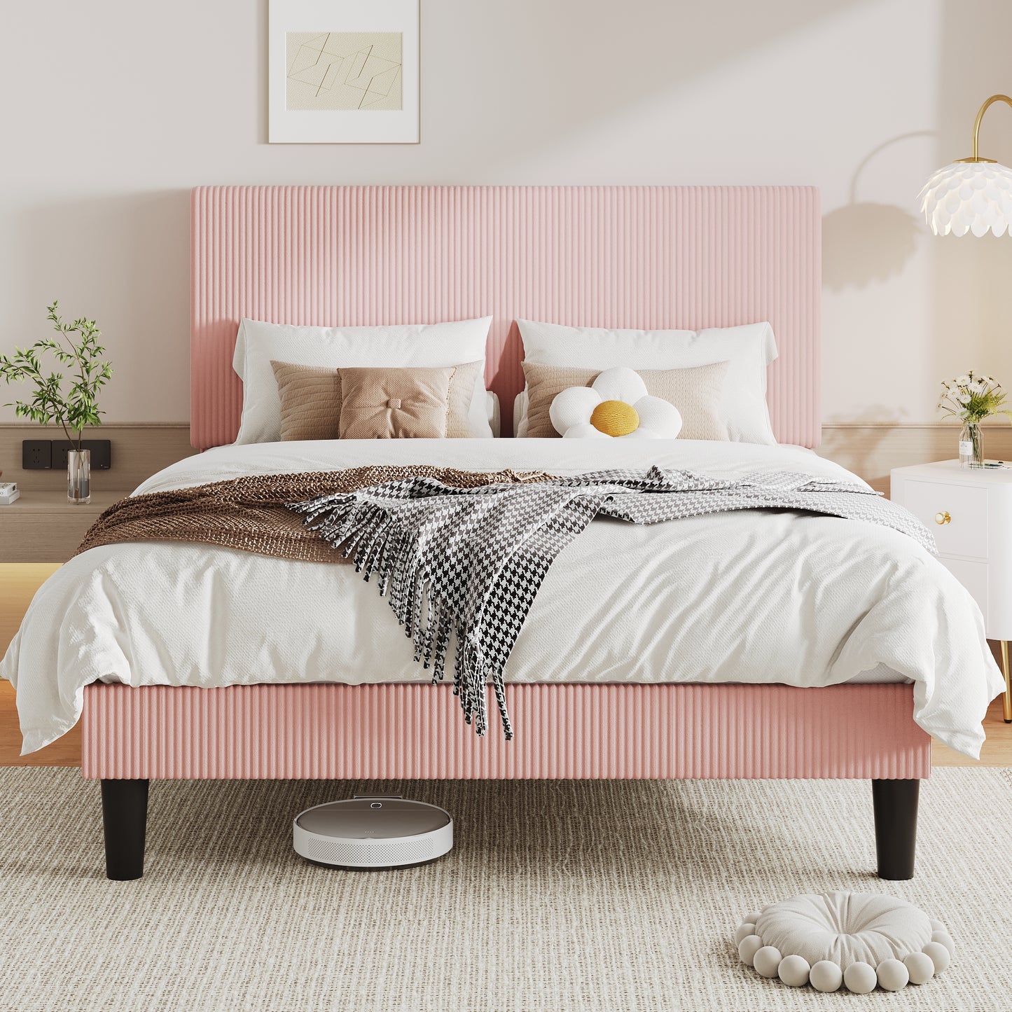 Allewie Upholstered Bed Frame with Vertical Channel Tufted Headboard, Soft Corduroy Fabric Platform Bed