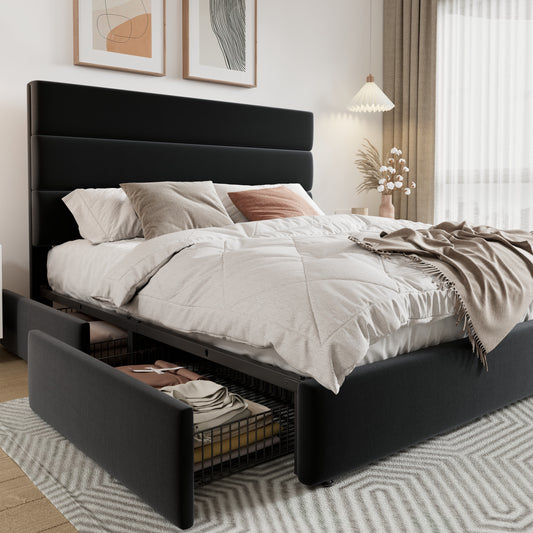 Allewie Modern Platform Bed Frame with 4 Storage Drawers and Velvet Upholstered Headboard, Wooden Slats Support