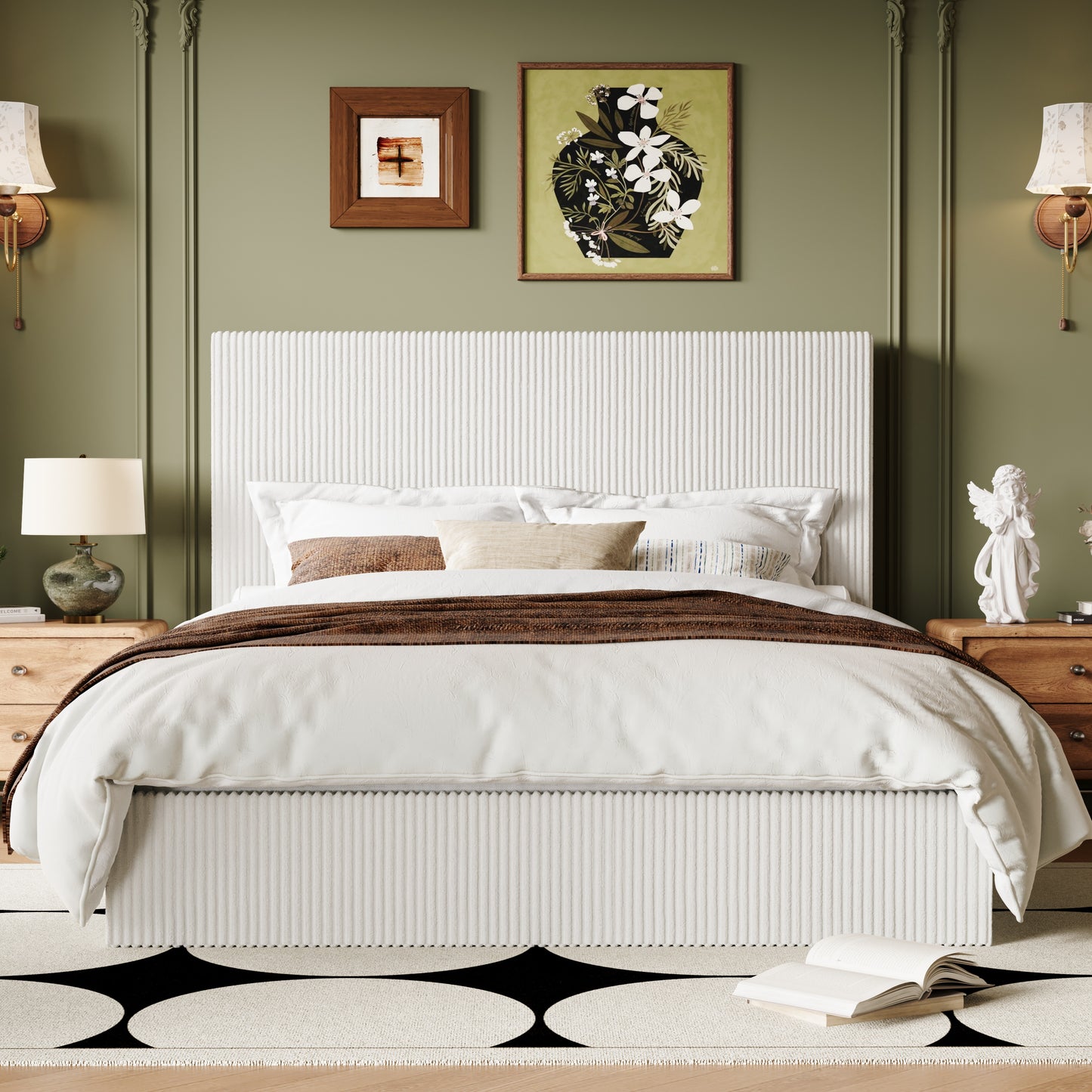 Allewie Bed Frame, Upholstered Platform Bed, Adjustable Vertical Channel Tufted Headboard, Corduroy Fabric, Modern Low Profile, Wooden Slats, No Box Spring Needed, Easy Assembly