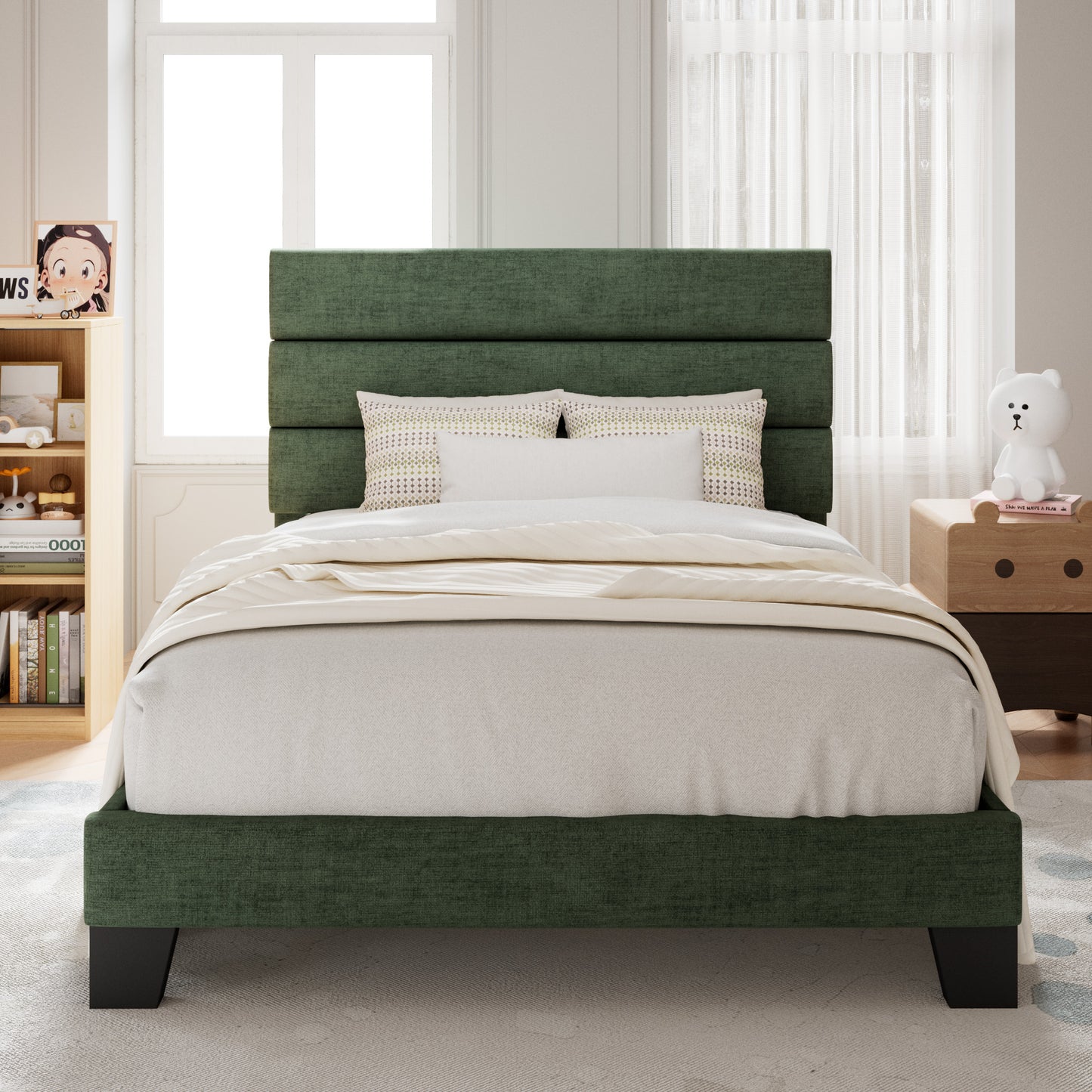 Allewie Platform Bed Frame with Velvet Upholstered Headboard, No Box Spring Needed