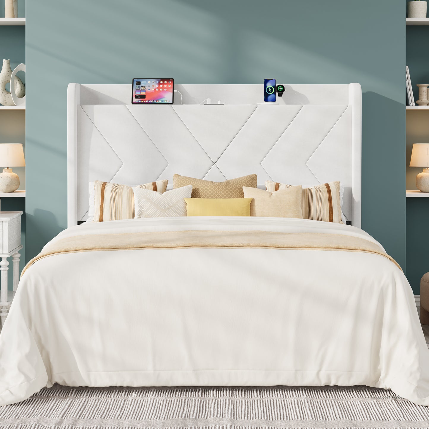 Allewie Velvet Storage Bed Frame with Charing Station, Upholstered Wingback Headboard