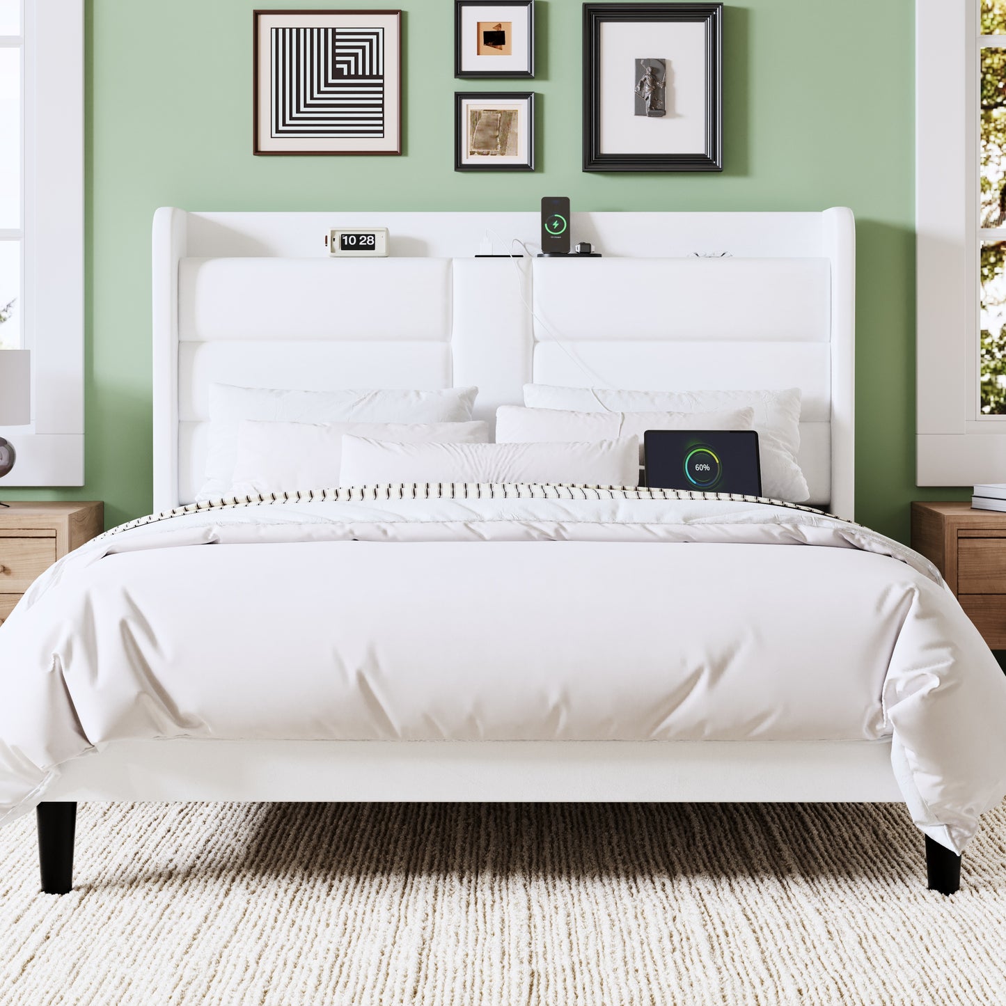 Allewie Bed Frame with Charging Station, Upholstered Velvet Wingback Design & USB Port, No Box Spring Needed