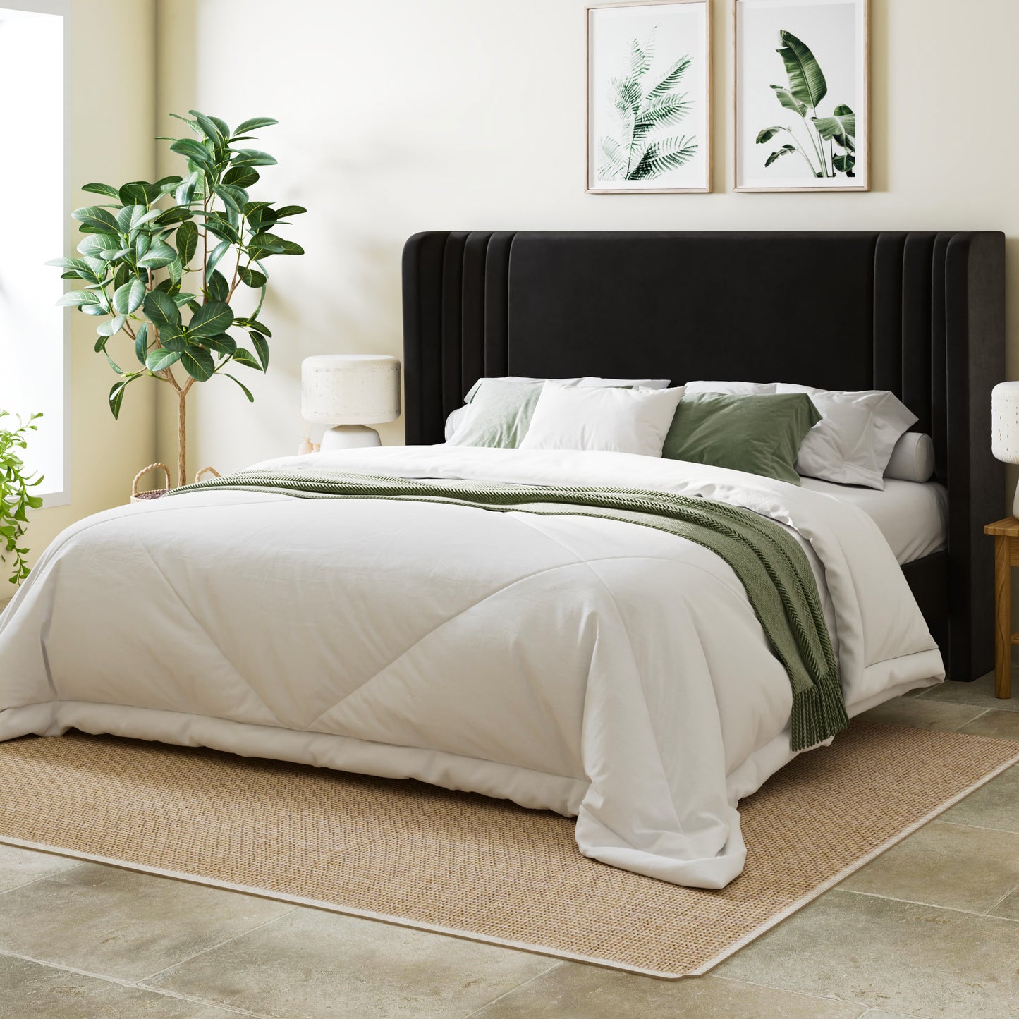 Allewie Velvet Platform Bed Frame with Vertical Tufted Wingback Headboard, Easy Assembly, Under Bed Storage, No Box Spring Required, Modern Style