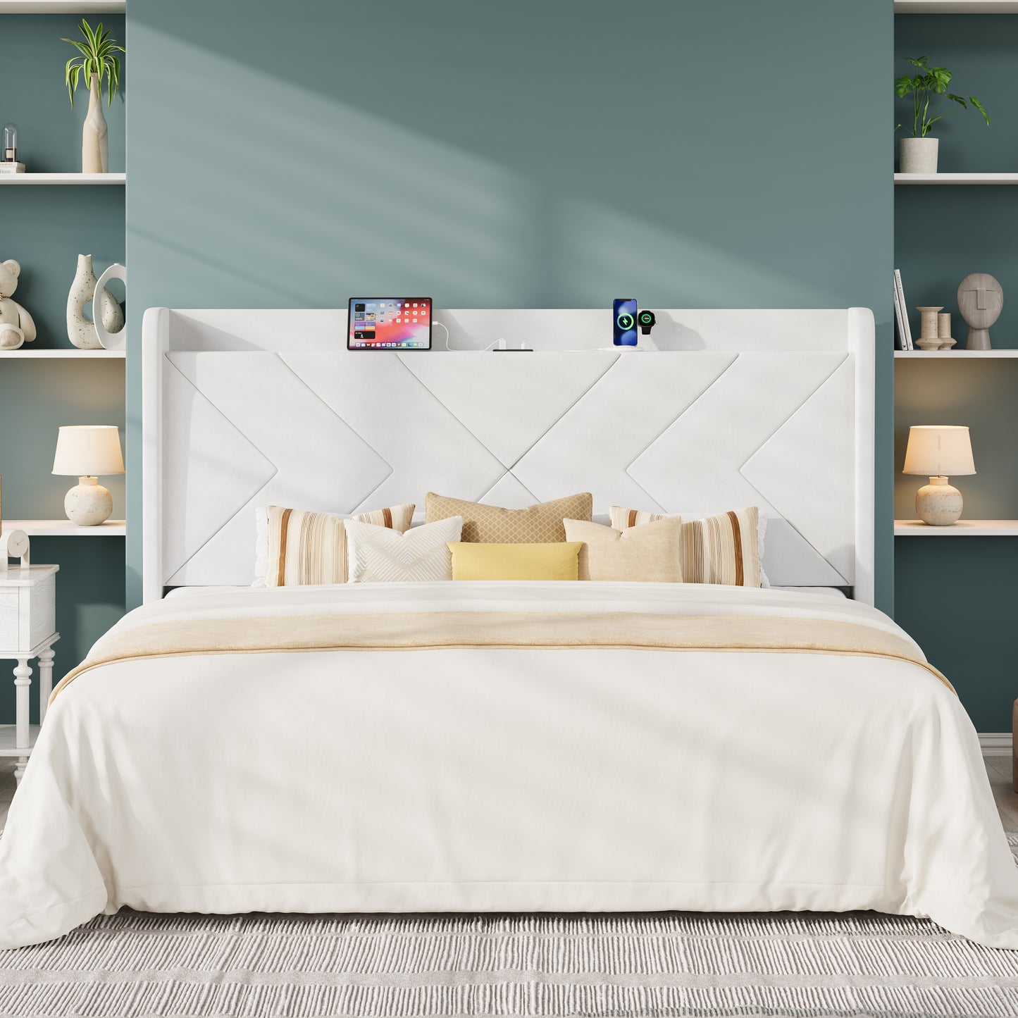 Allewie Velvet Storage Bed Frame with Charing Station, Upholstered Wingback Headboard