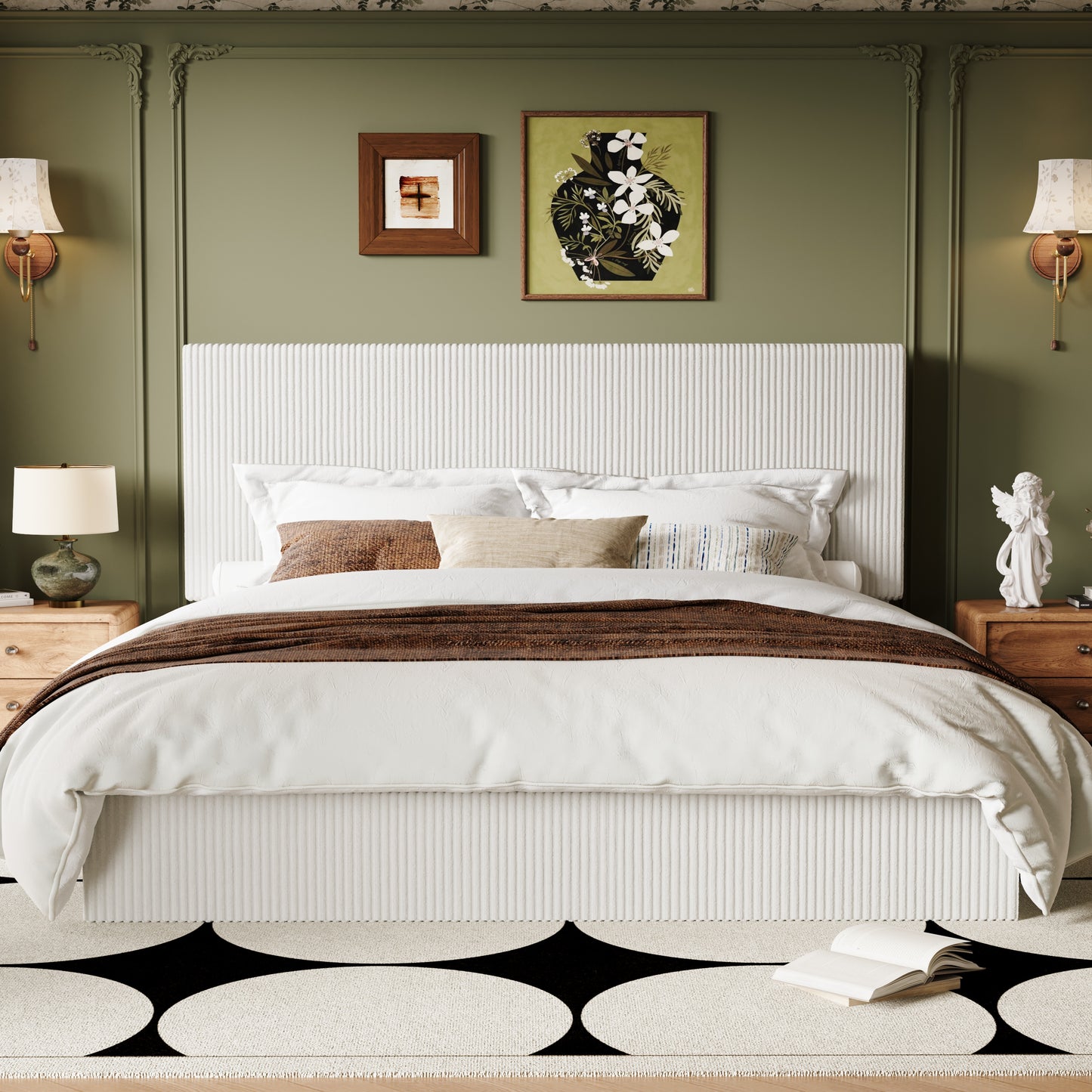 Allewie Bed Frame, Upholstered Platform Bed, Adjustable Vertical Channel Tufted Headboard, Corduroy Fabric, Modern Low Profile, Wooden Slats, No Box Spring Needed, Easy Assembly