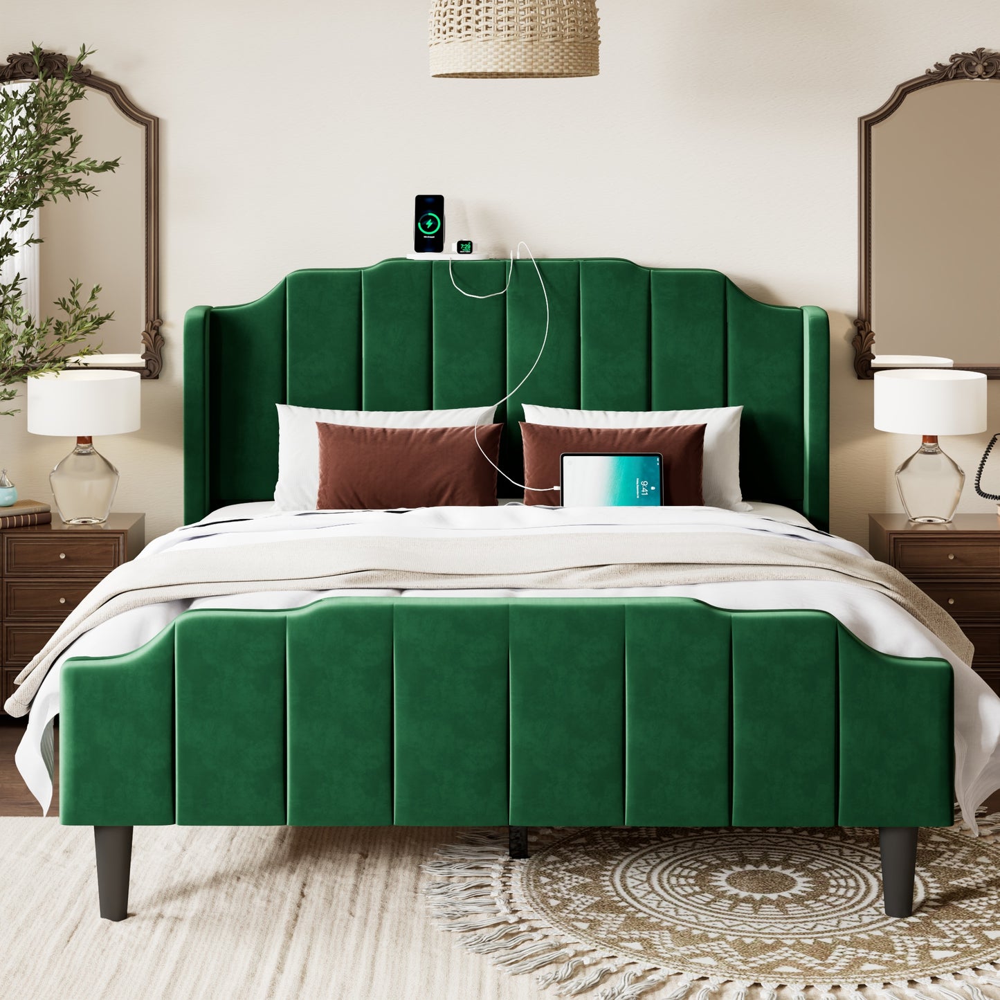 Allewie Vintage Bed Frame with Charging Station, Tufted Wingback Headboard and Footboard, No Box Spring Required