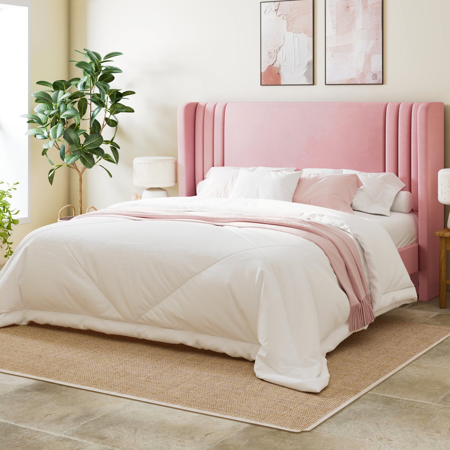 Allewie Velvet Platform Bed Frame with Vertical Tufted Wingback Headboard, Easy Assembly, Under Bed Storage, No Box Spring Required, Modern Style