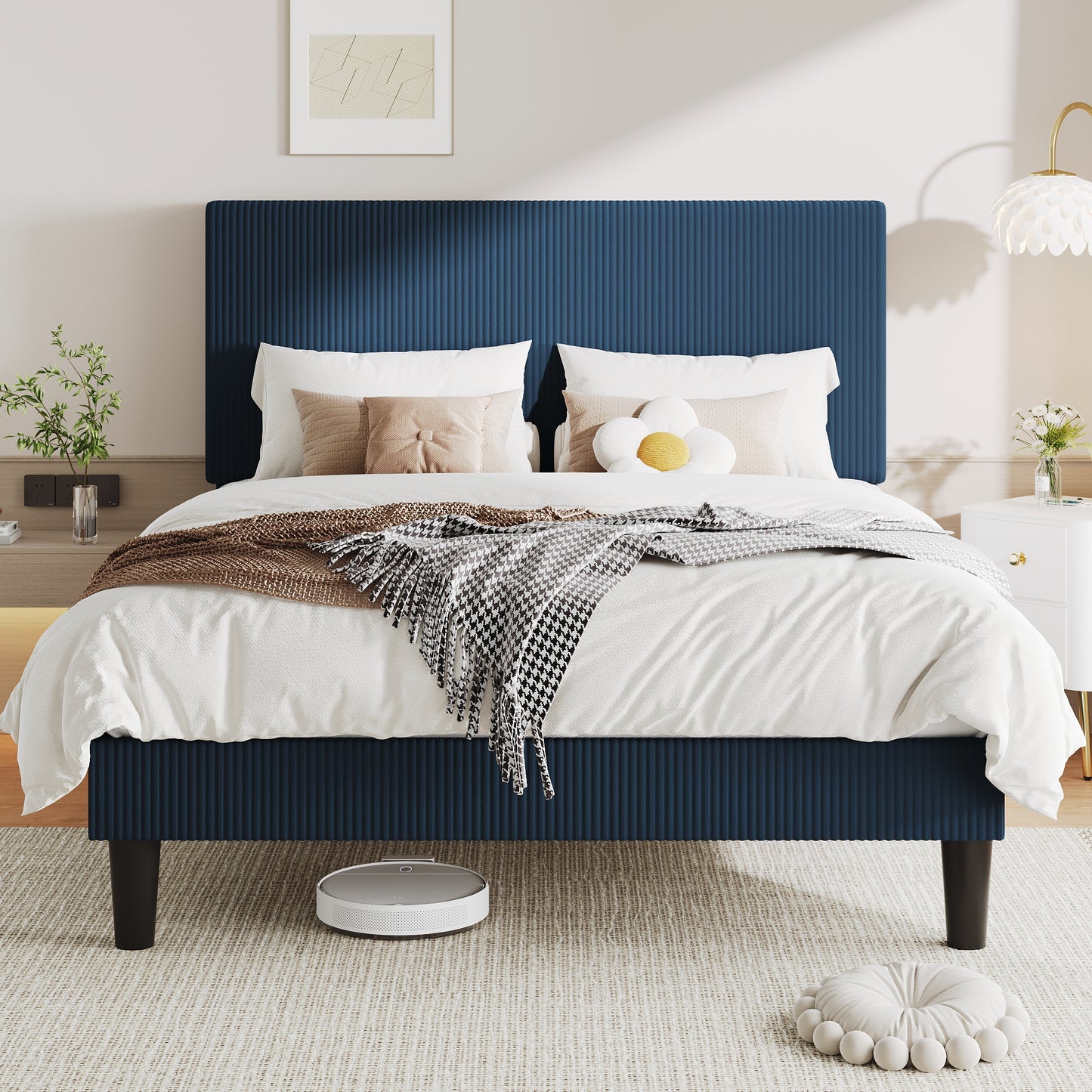 Allewie Upholstered Bed Frame with Vertical Channel Tufted Headboard, Soft Corduroy Fabric Platform Bed