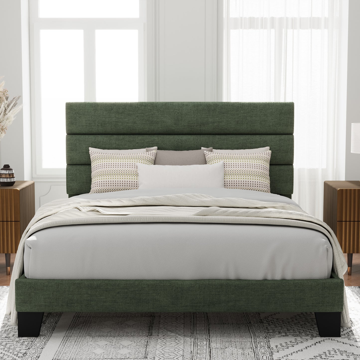 Allewie Platform Bed Frame with Velvet Upholstered Headboard, No Box Spring Needed