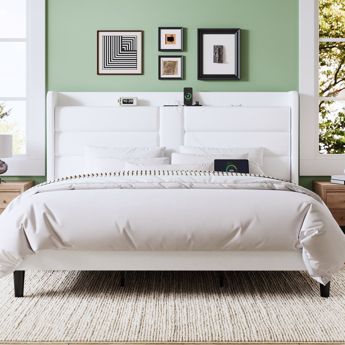 Allewie Bed Frame with Charging Station, Upholstered Velvet Wingback Design & USB Port, No Box Spring Needed