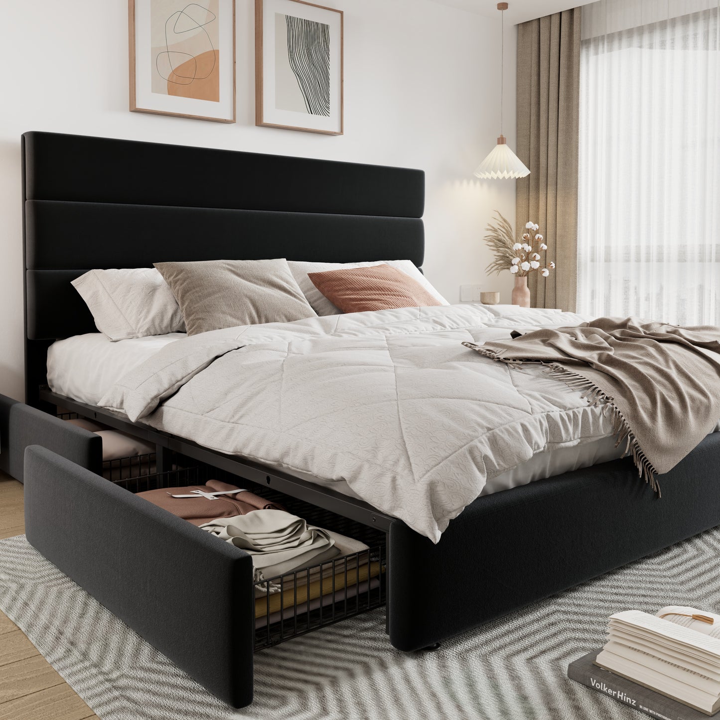 Allewie Modern Platform Bed Frame with 4 Storage Drawers and Velvet Upholstered Headboard, Wooden Slats Support