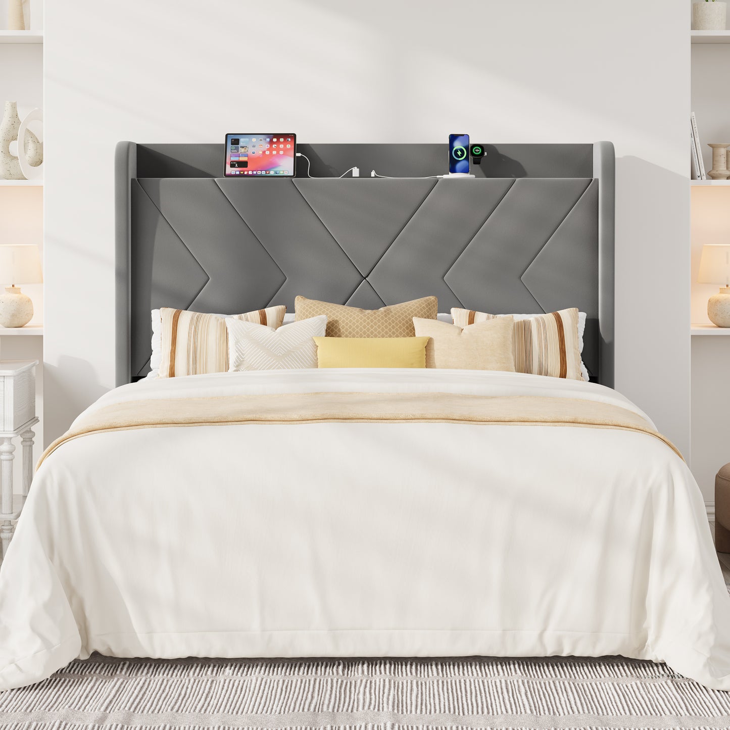 Allewie Velvet Storage Bed Frame with Charing Station, Upholstered Wingback Headboard