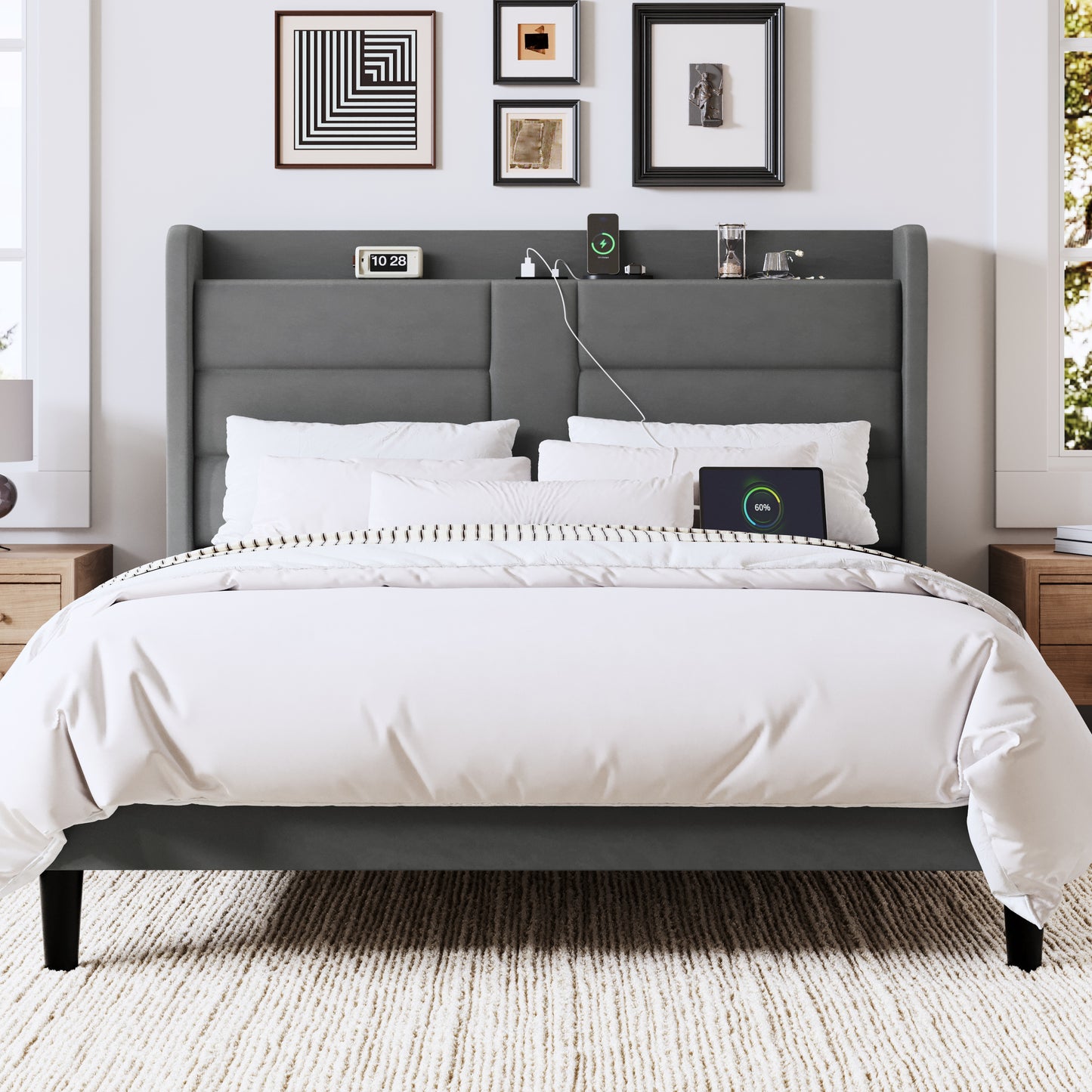 Allewie Bed Frame with Charging Station, Upholstered Velvet Wingback Design & USB Port, No Box Spring Needed