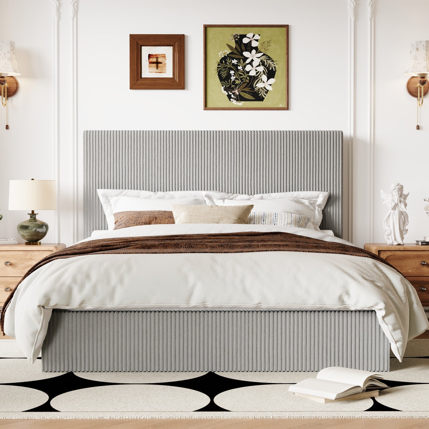Allewie Bed Frame, Upholstered Platform Bed, Adjustable Vertical Channel Tufted Headboard, Corduroy Fabric, Modern Low Profile, Wooden Slats, No Box Spring Needed, Easy Assembly
