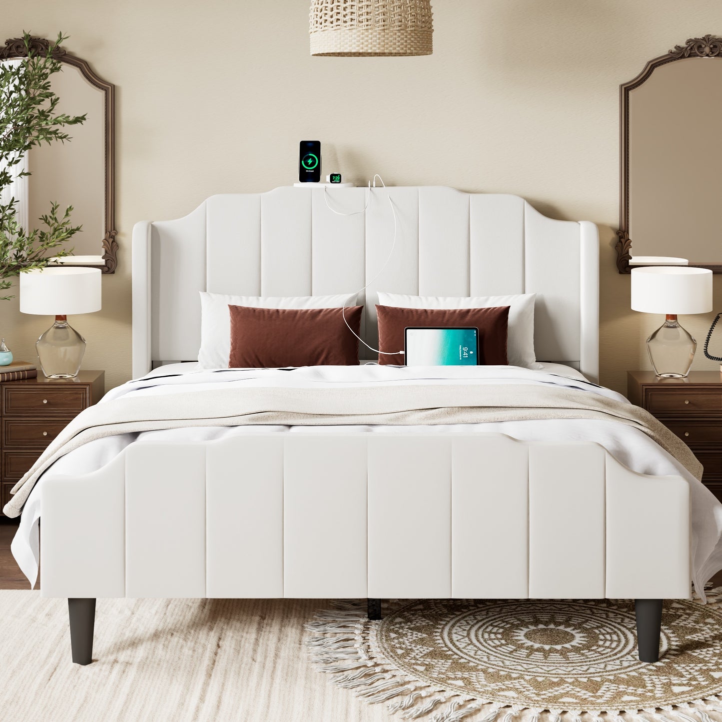 Allewie Vintage Bed Frame with Charging Station, Tufted Wingback Headboard and Footboard, No Box Spring Required