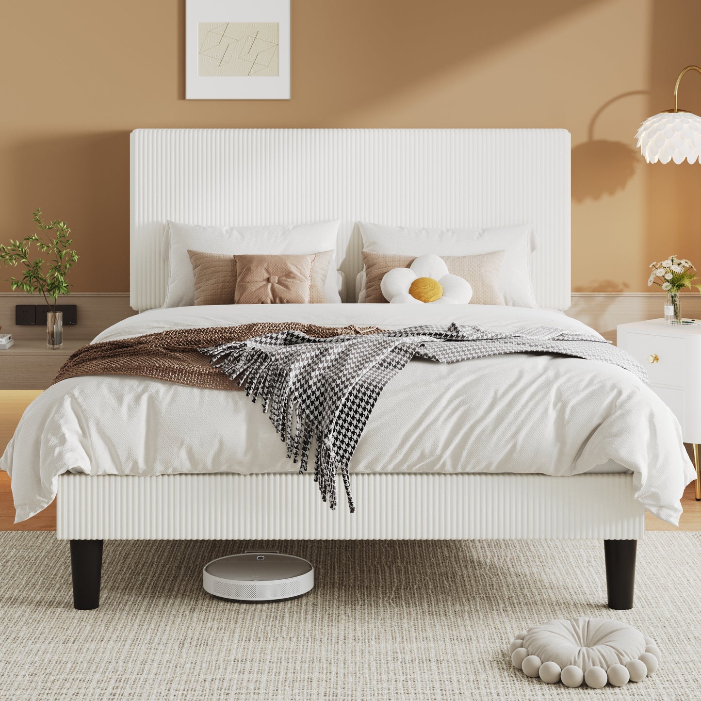 Allewie Upholstered Bed Frame with Vertical Channel Tufted Headboard, Soft Corduroy Fabric Platform Bed