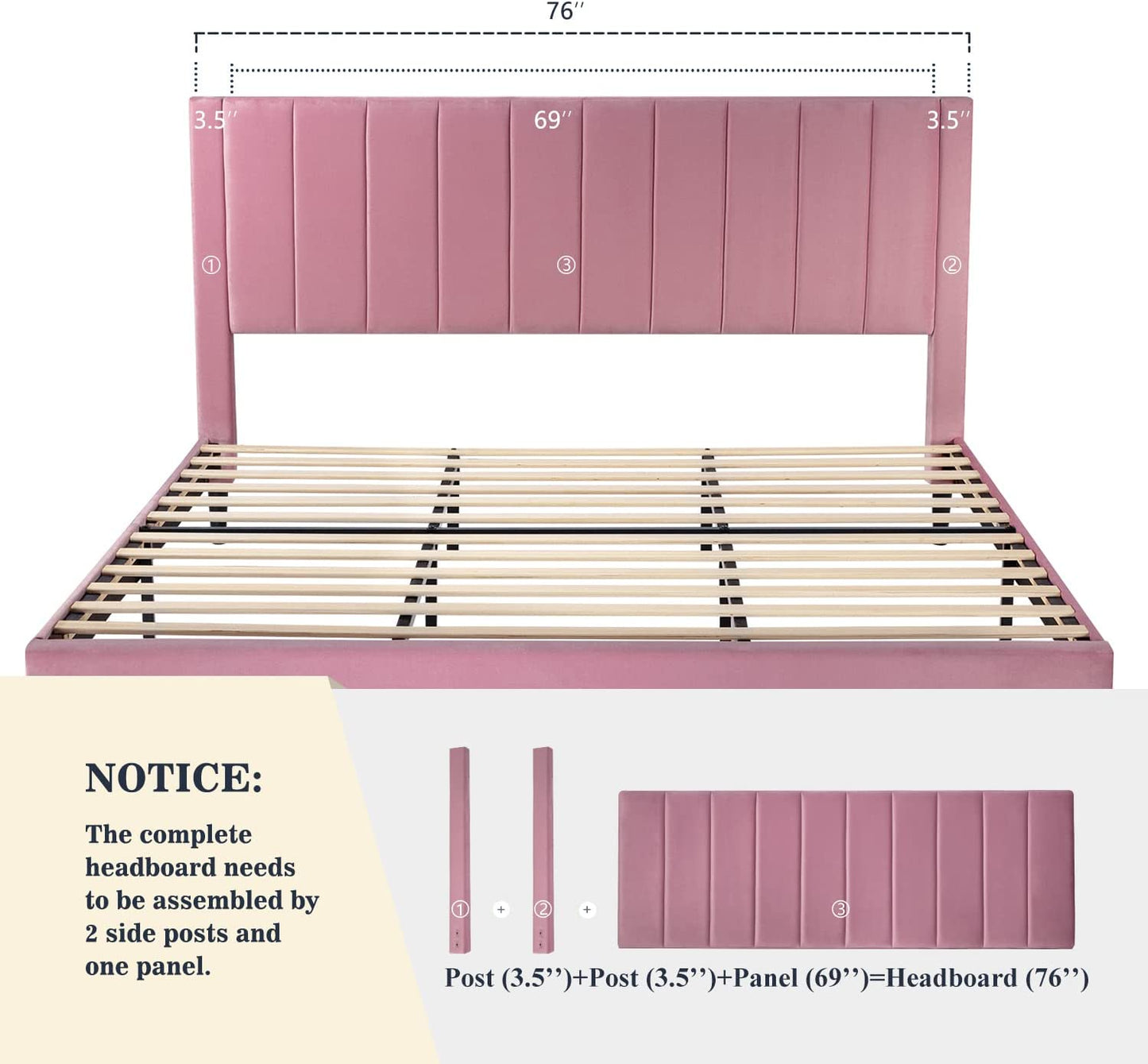 Allewie Velvet Upholstered Bed Frame with Vertical Channel Tufted Headboard, Light Pink