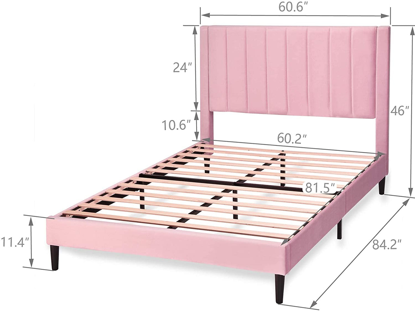 Allewie Velvet Upholstered Bed Frame with Vertical Channel Tufted Headboard, Light Pink