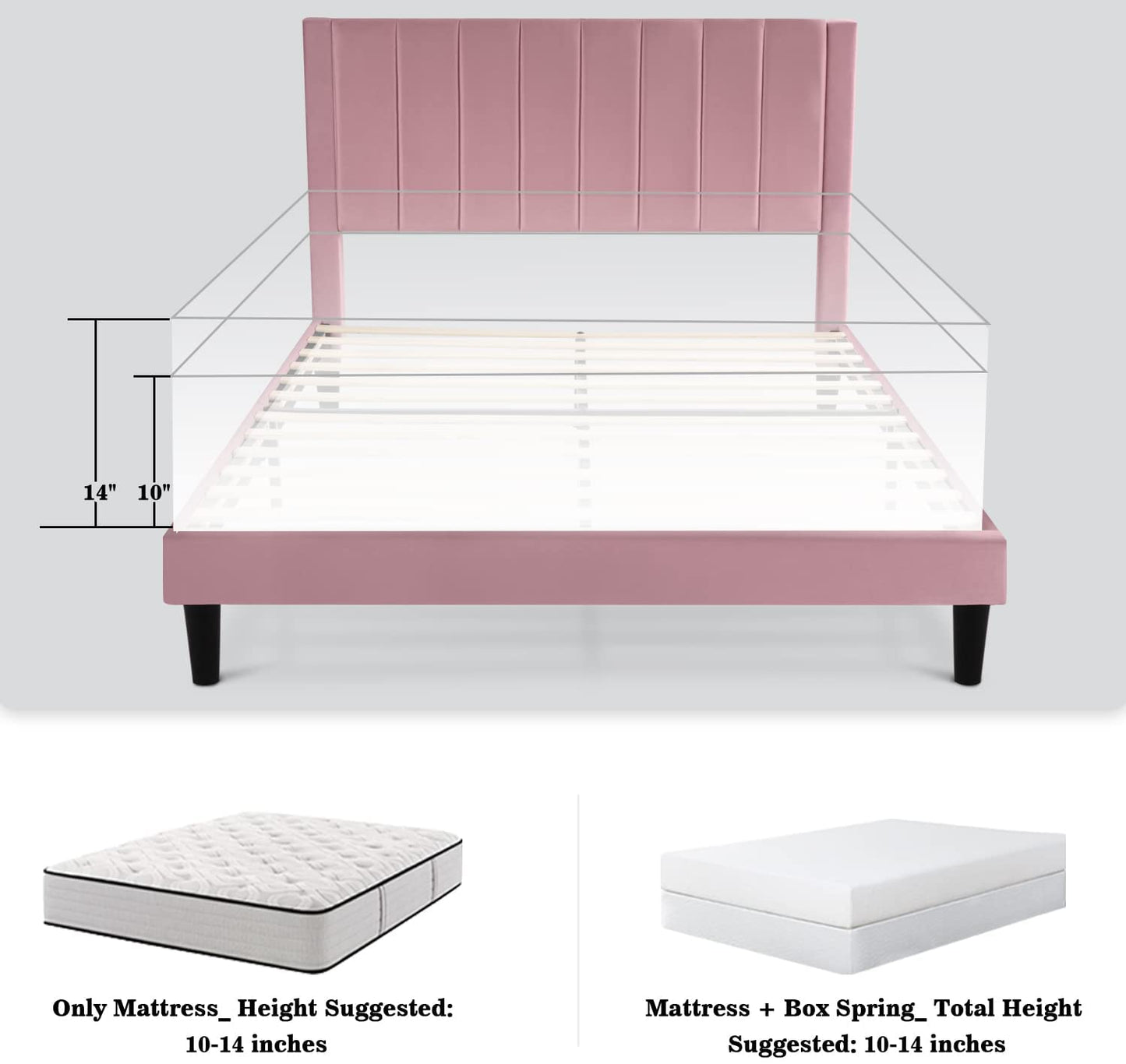 Allewie Velvet Upholstered Bed Frame with Vertical Channel Tufted Headboard, Light Pink