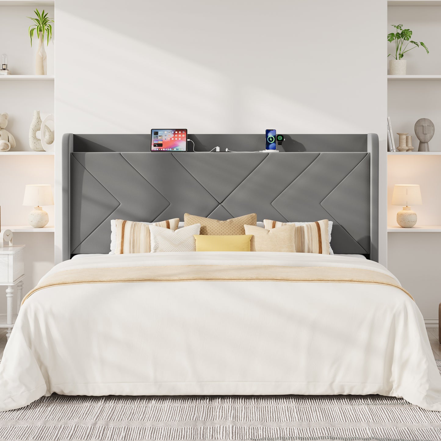 Allewie Velvet Storage Bed Frame with Charing Station, Upholstered Wingback Headboard