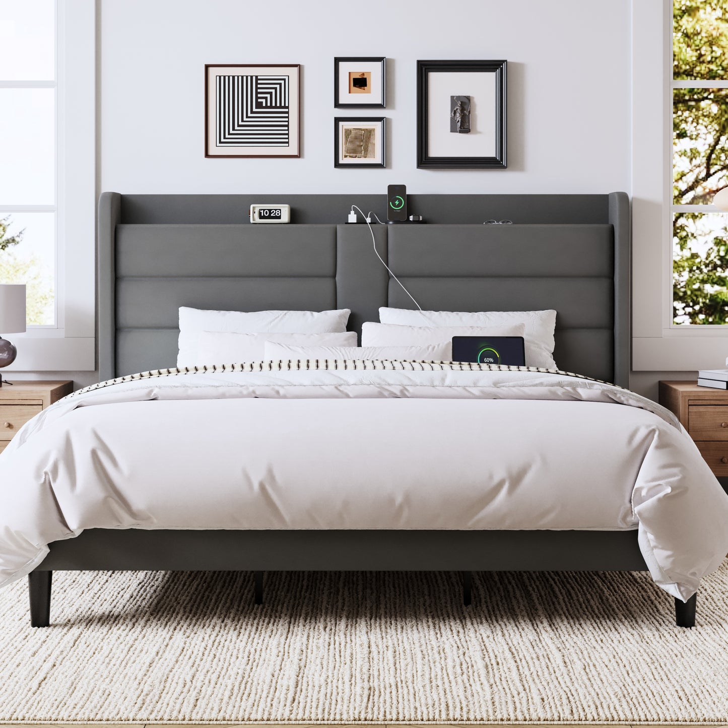 Allewie Bed Frame with Charging Station, Upholstered Velvet Wingback Design & USB Port, No Box Spring Needed