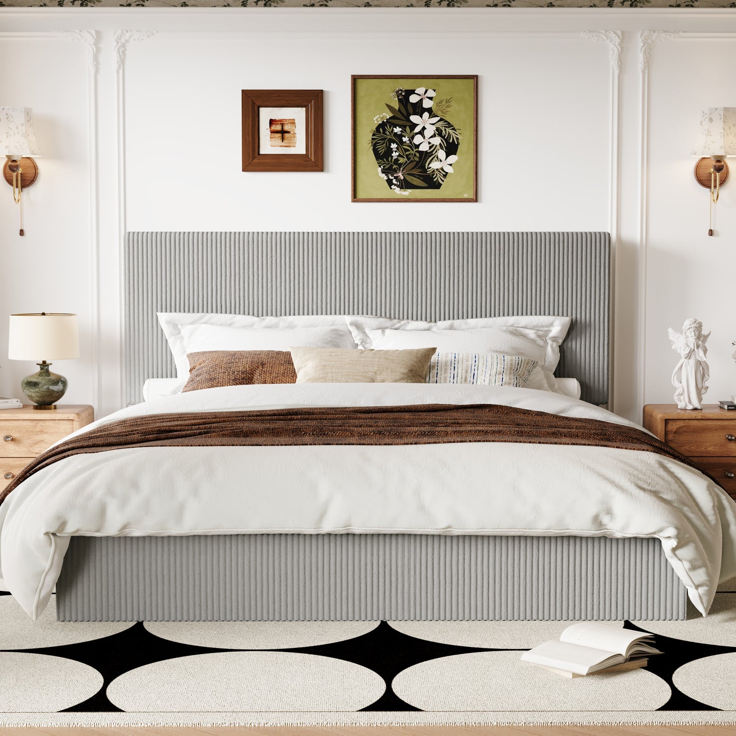 Allewie Bed Frame, Upholstered Platform Bed, Adjustable Vertical Channel Tufted Headboard, Corduroy Fabric, Modern Low Profile, Wooden Slats, No Box Spring Needed, Easy Assembly