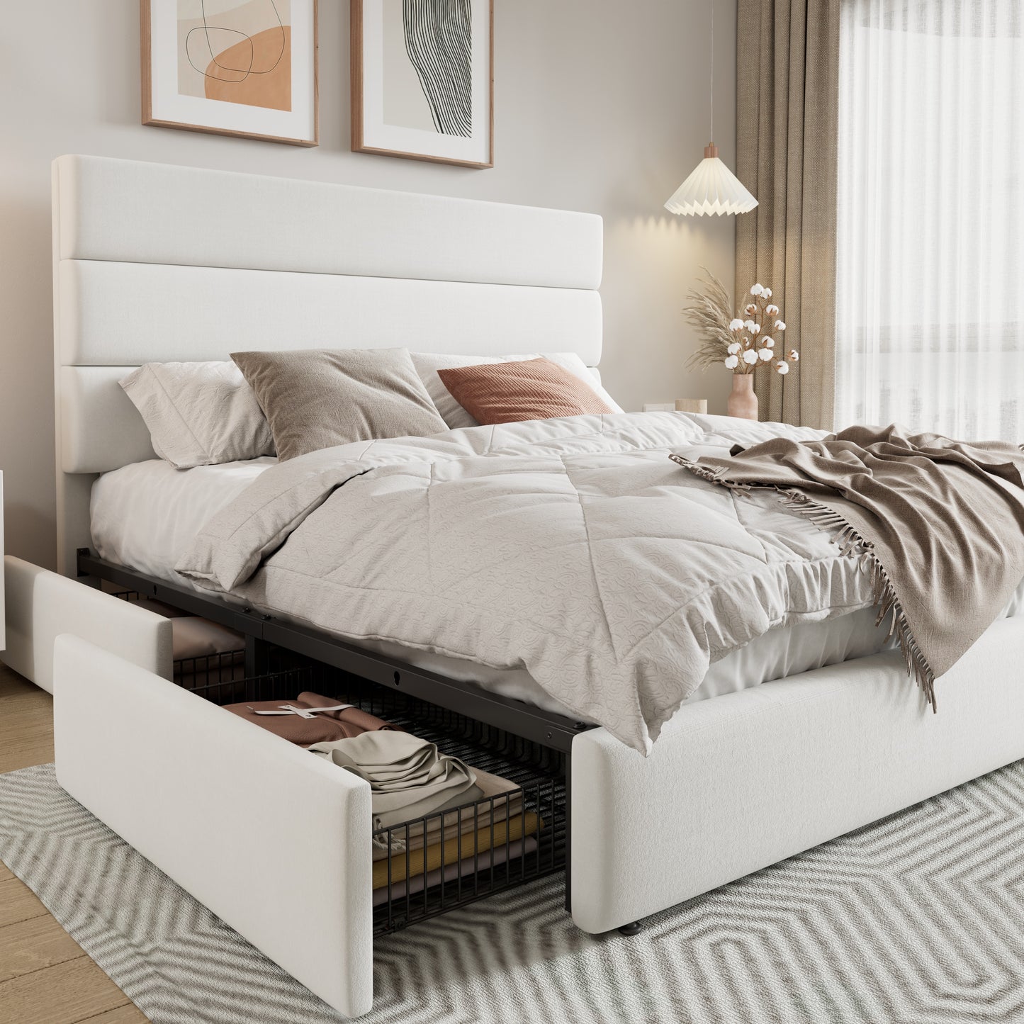 Allewie Modern Platform Bed Frame with 4 Storage Drawers and Velvet Upholstered Headboard, Wooden Slats Support