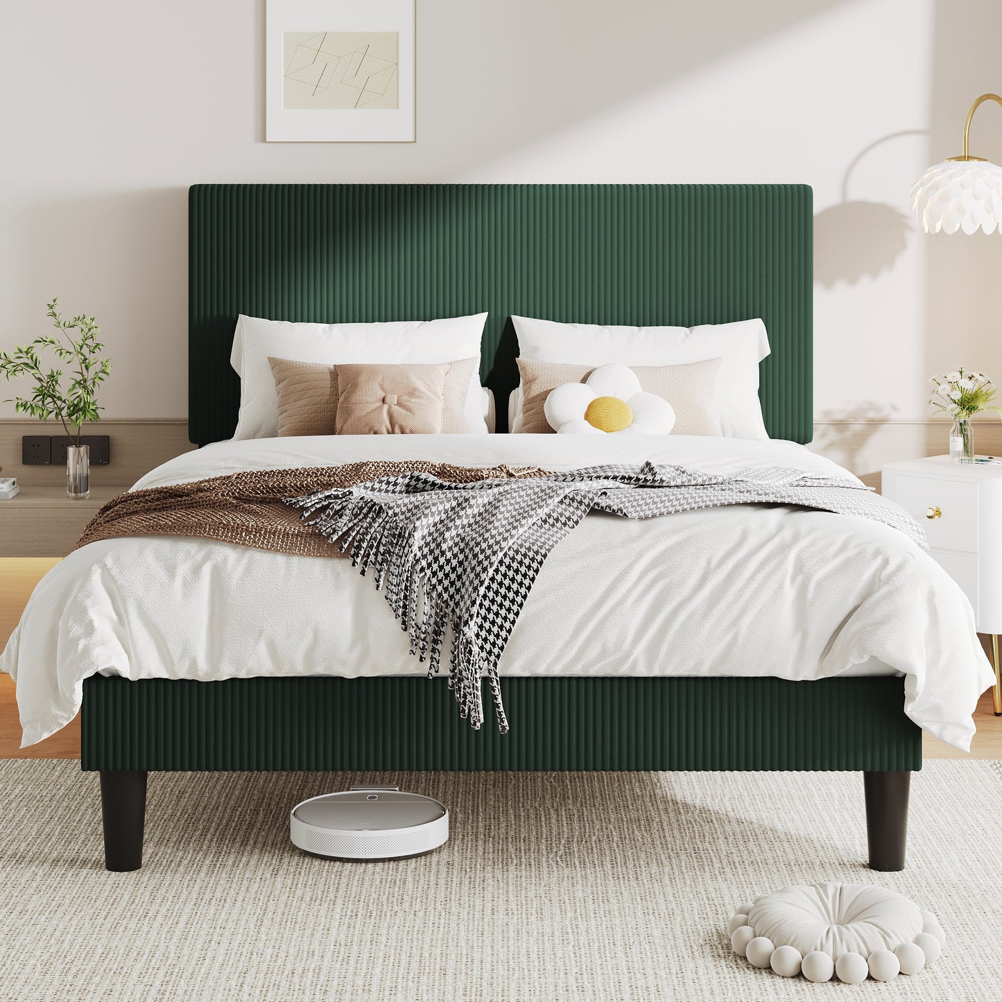 Allewie Upholstered Bed Frame with Vertical Channel Tufted Headboard, Soft Corduroy Fabric Platform Bed