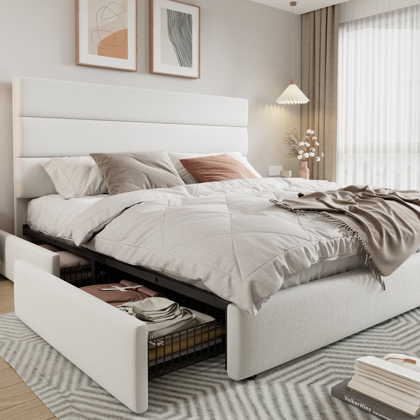 Allewie Modern Platform Bed Frame with 4 Storage Drawers and Velvet Upholstered Headboard, Wooden Slats Support