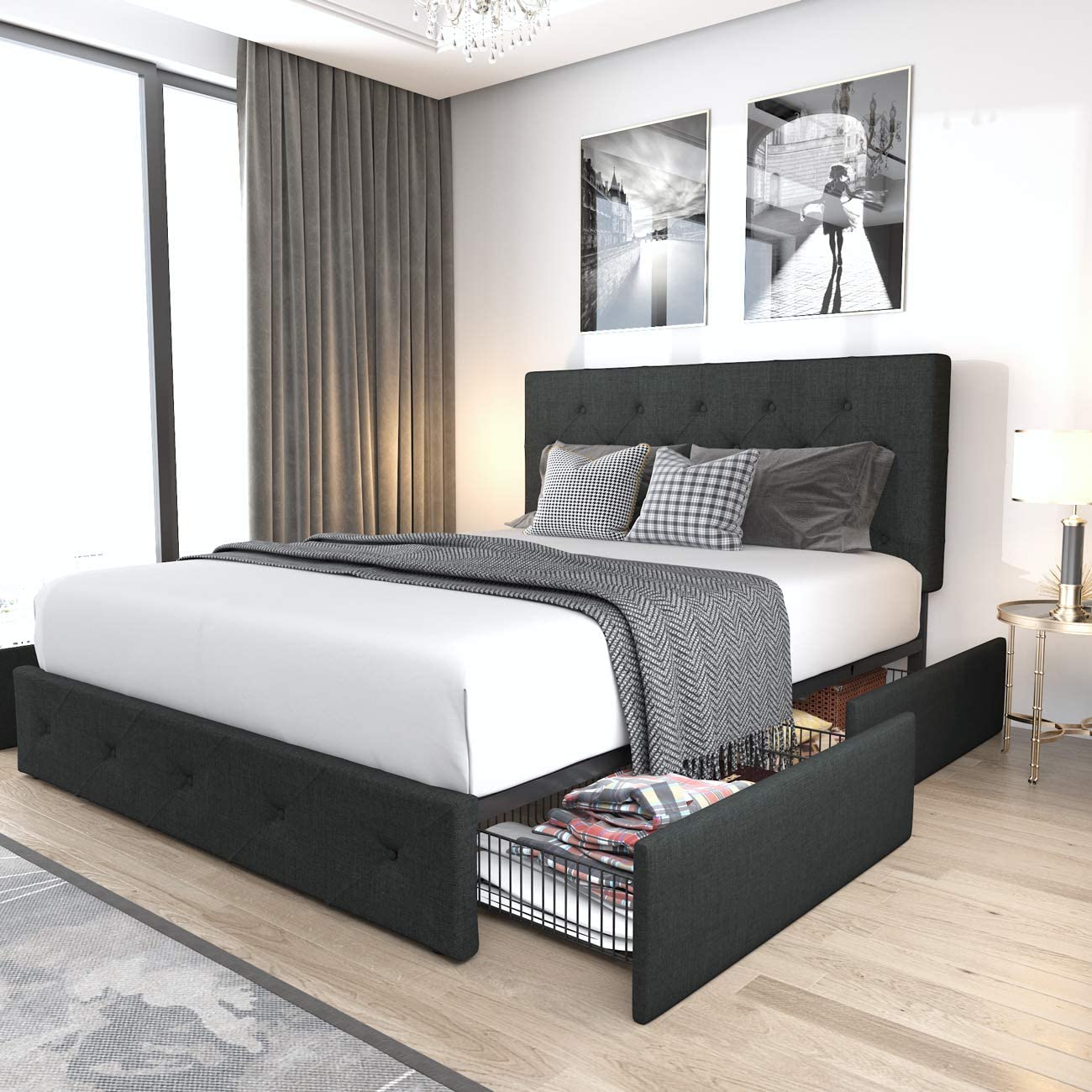 Allewie Queen Platform Bed Frame with 4 Drawers Storage and Headboard, Diamond Stitched Button Tufted Upholstered Mattress Foundation with Wood Slat Support, Dark Grey