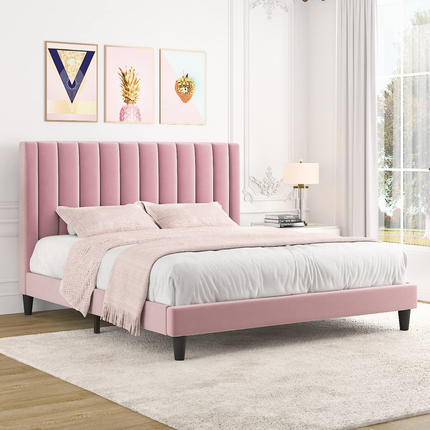 Allewie Velvet Upholstered Bed Frame with Vertical Channel Tufted Headboard, Light Pink