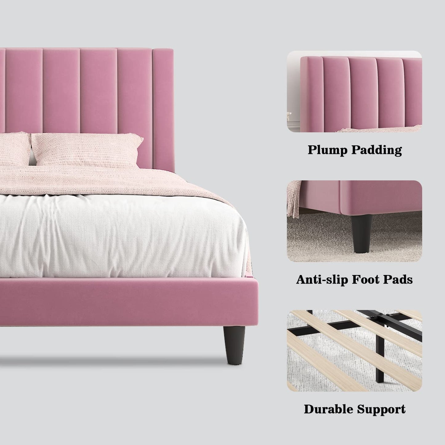 Allewie Velvet Upholstered Bed Frame with Vertical Channel Tufted Headboard, Light Pink