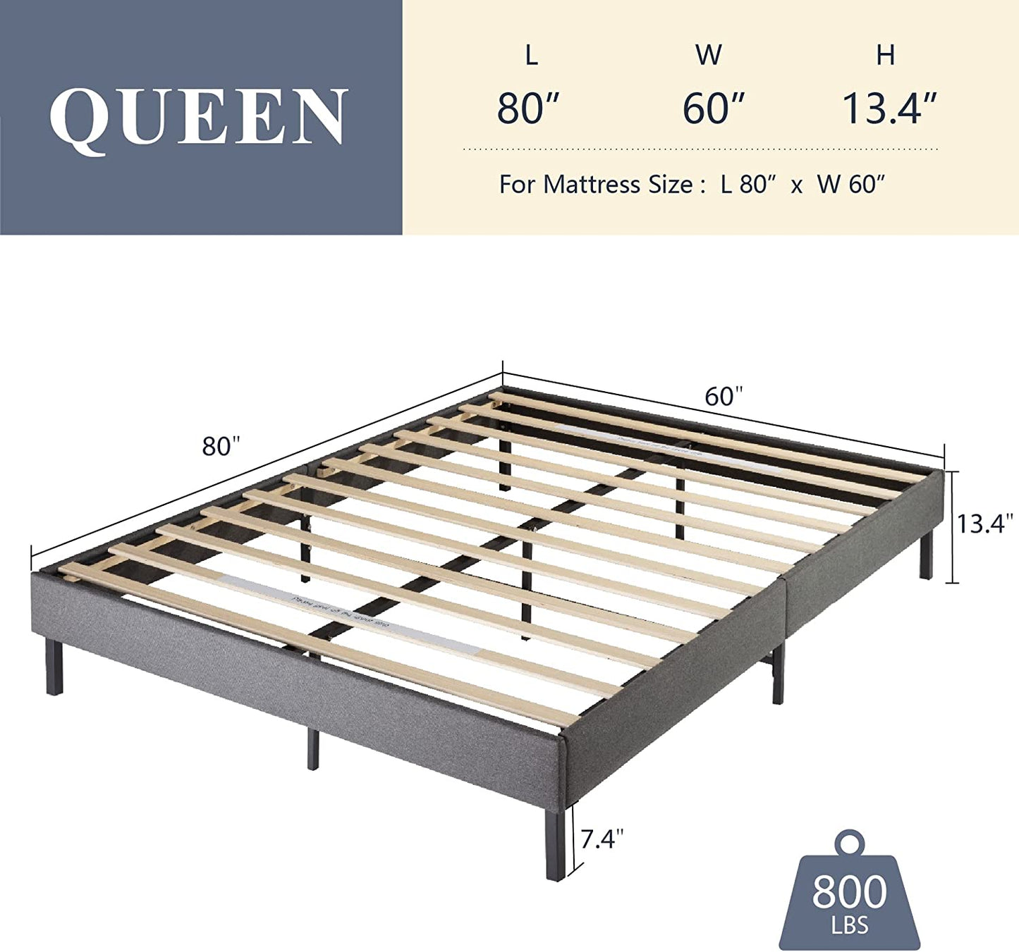 Allewie Queen Size Upholstered Platform Bed Frame, 24 Wooden Slats Support, No Box Spring Needed, Dark Gray