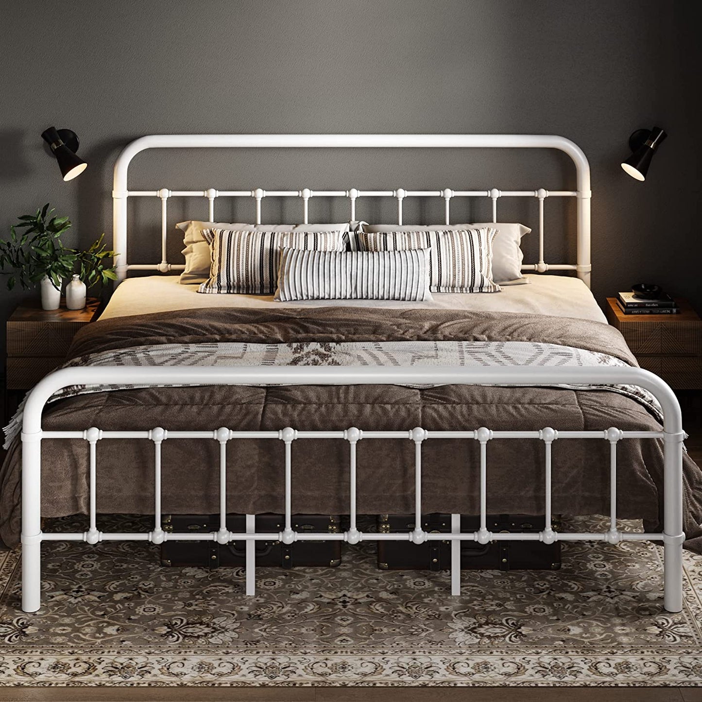 Allewie Metal Platform Bed Frame with Victorian Style Wrought Iron-Art Headboard/Footboard, White