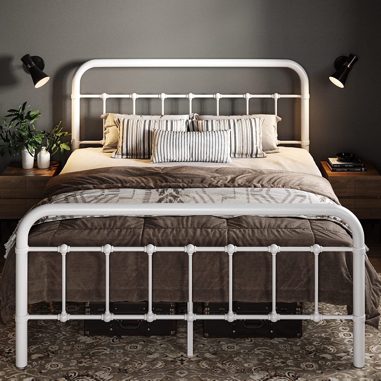 Allewie Metal Platform Bed Frame with Victorian Style Wrought Iron-Art Headboard/Footboard, White