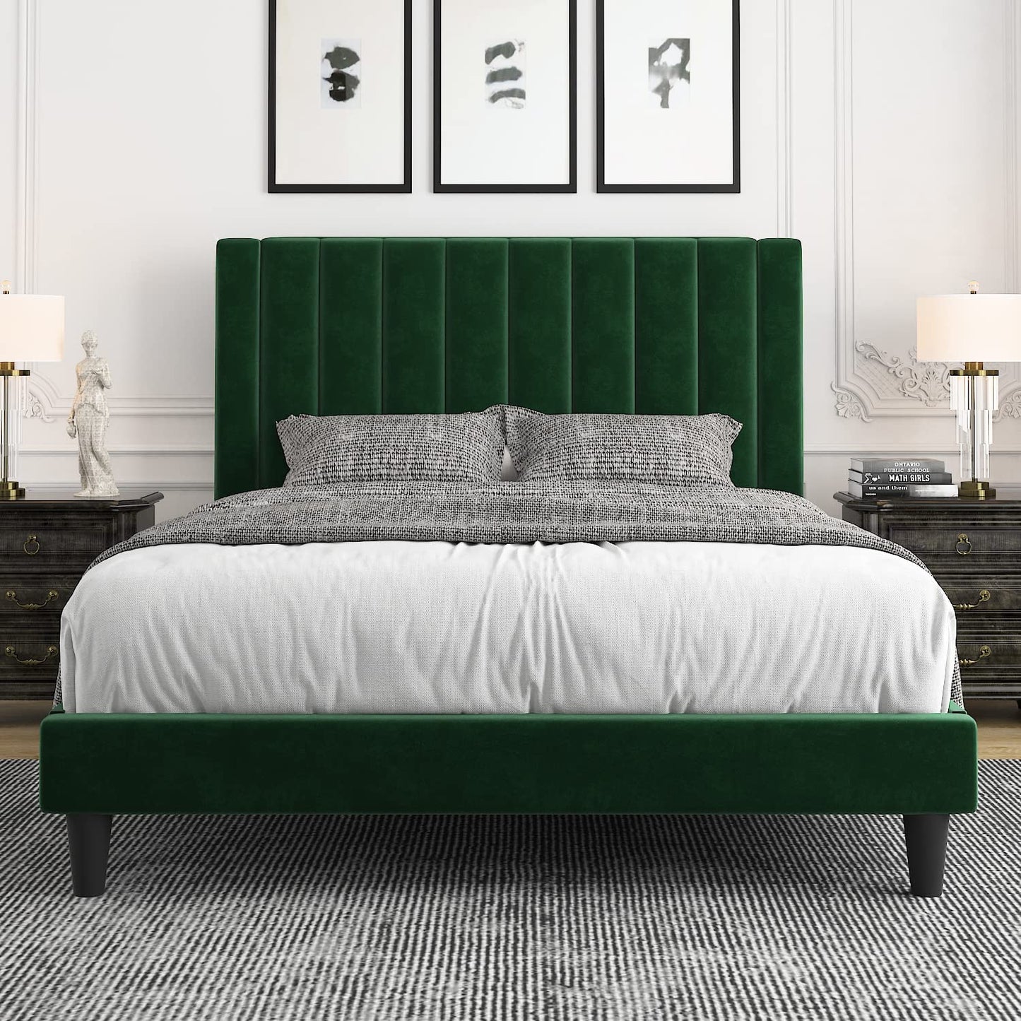 Allewie Full Size Velvet Upholstered Bed Frame with Vertical Channel Tufted Headboard, Green