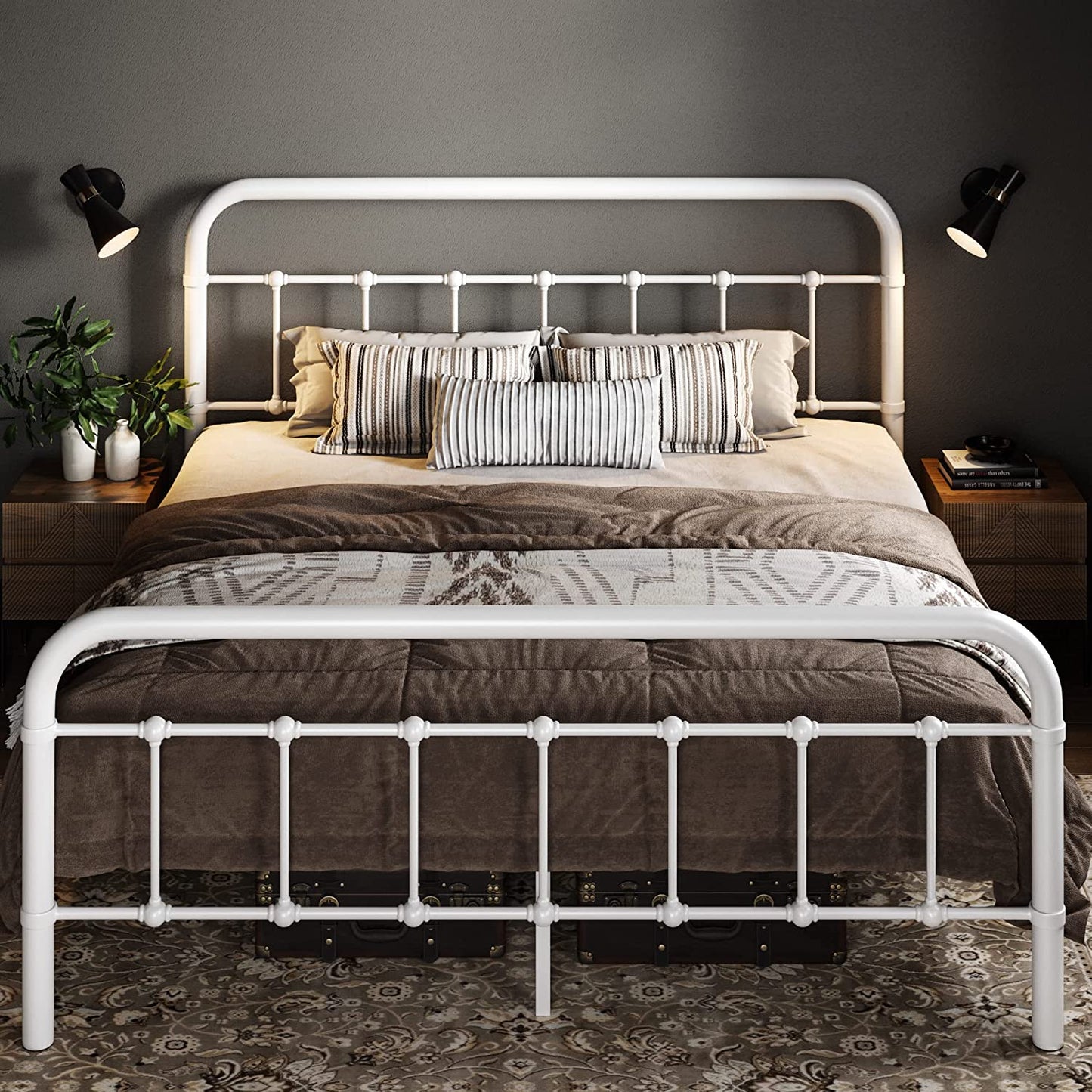 Allewie Metal Platform Bed Frame with Victorian Style Wrought Iron-Art Headboard/Footboard, White