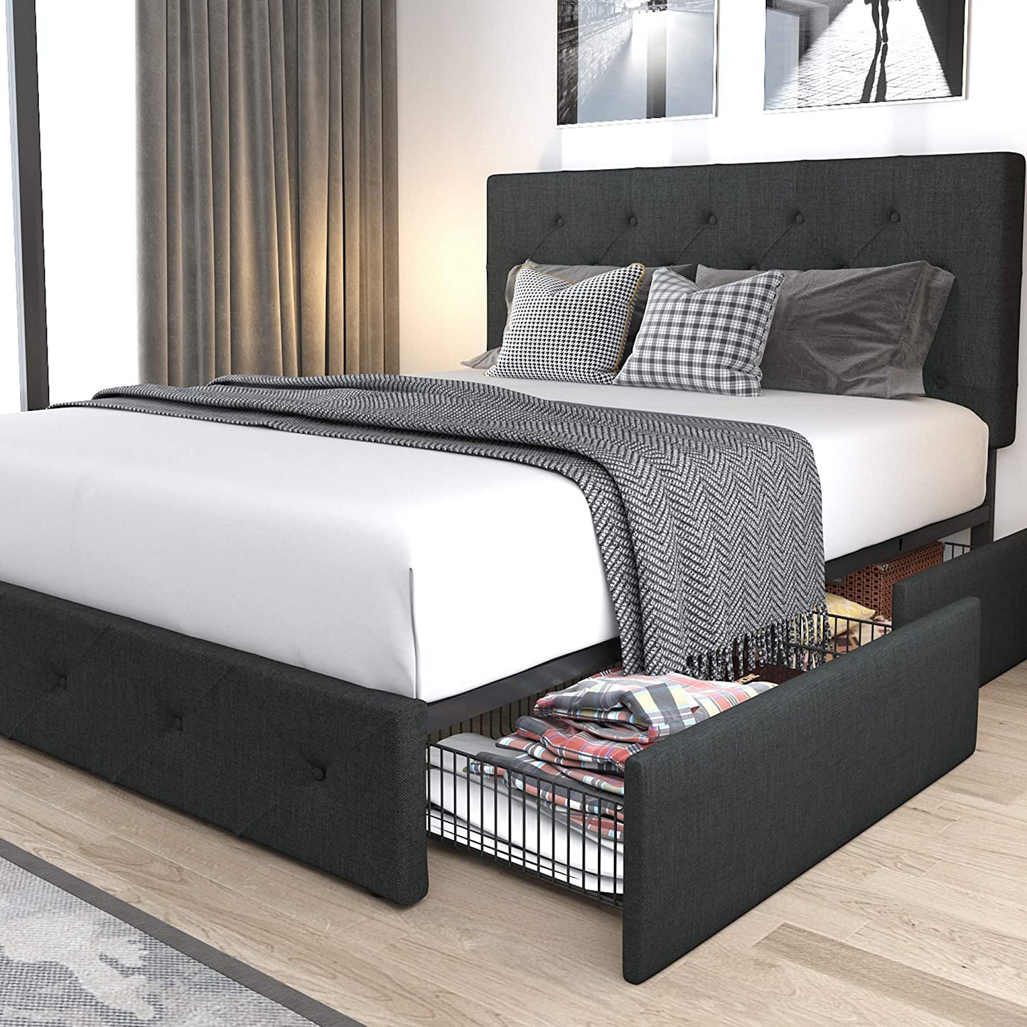 Allewie Queen Platform Bed Frame with 4 Drawers Storage and Headboard, Diamond Stitched Button Tufted Upholstered Mattress Foundation with Wood Slat Support, Dark Grey