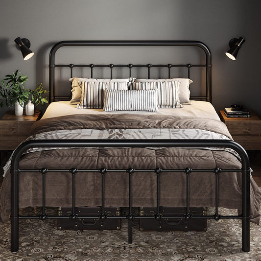Allewie Metal Platform Bed Frame with Victorian Style Wrought Iron-Art Headboard/Footboard, Black