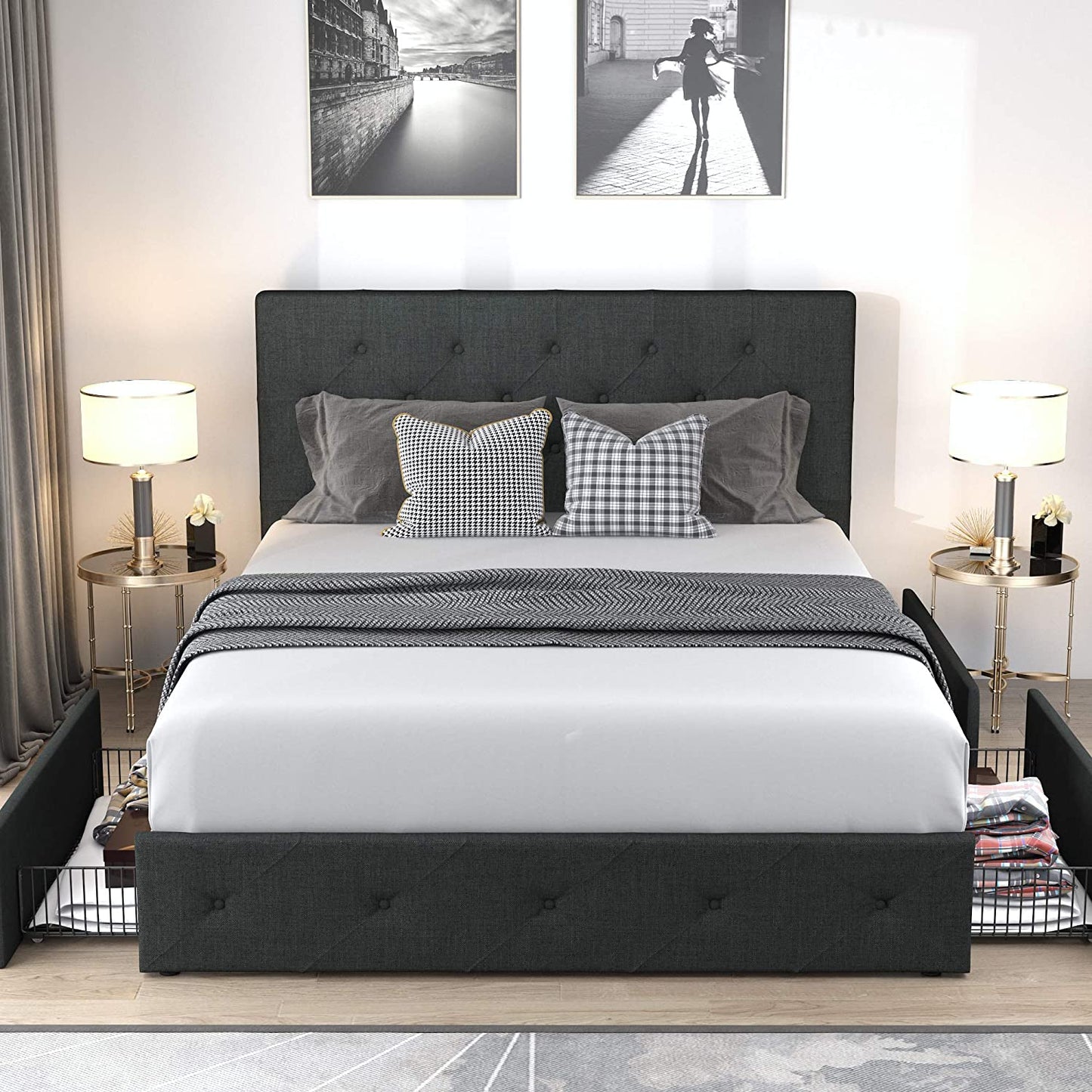 Allewie Queen Platform Bed Frame with 4 Drawers Storage and Headboard, Diamond Stitched Button Tufted Upholstered Mattress Foundation with Wood Slat Support, Dark Grey