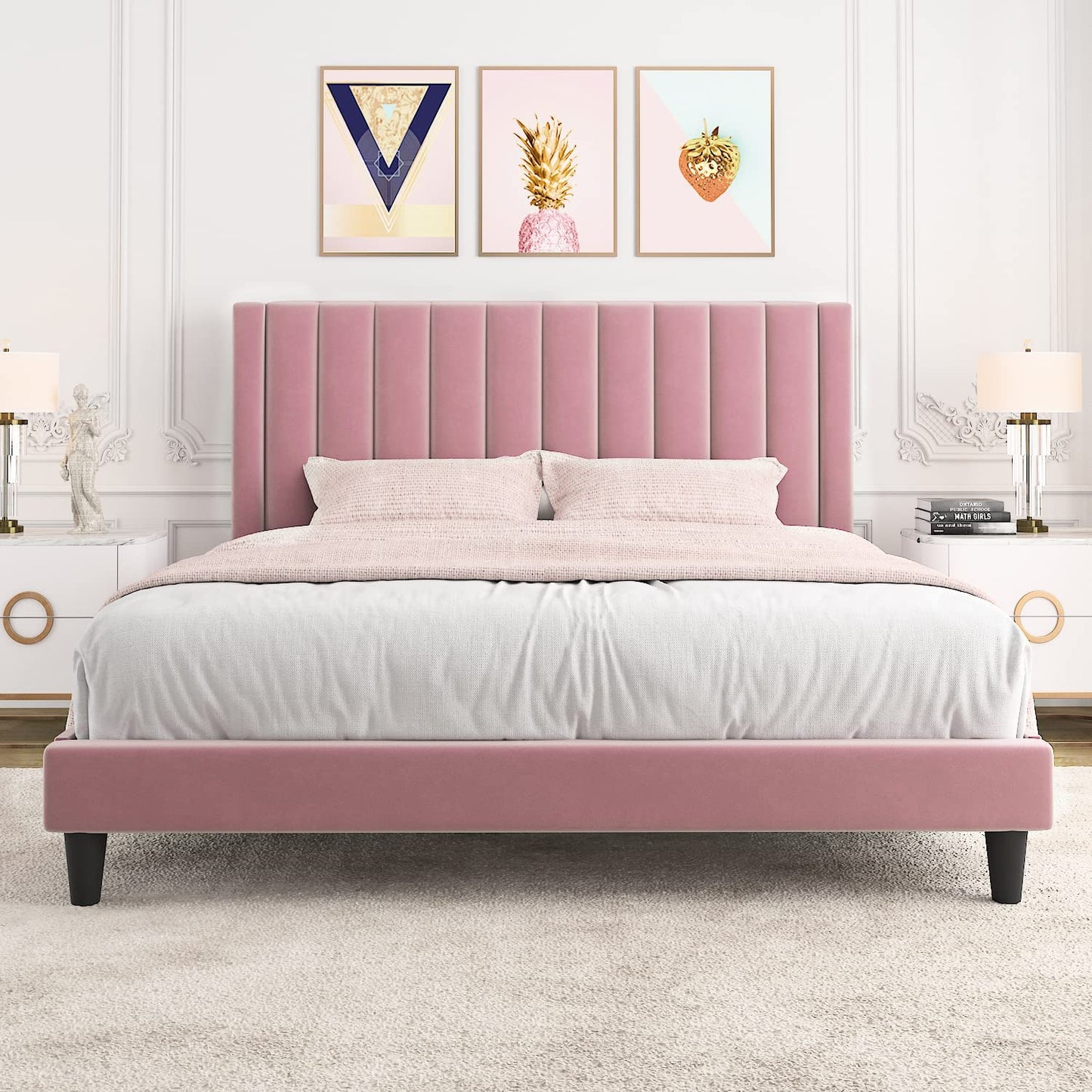 Allewie Velvet Upholstered Bed Frame with Vertical Channel Tufted Headboard, Light Pink