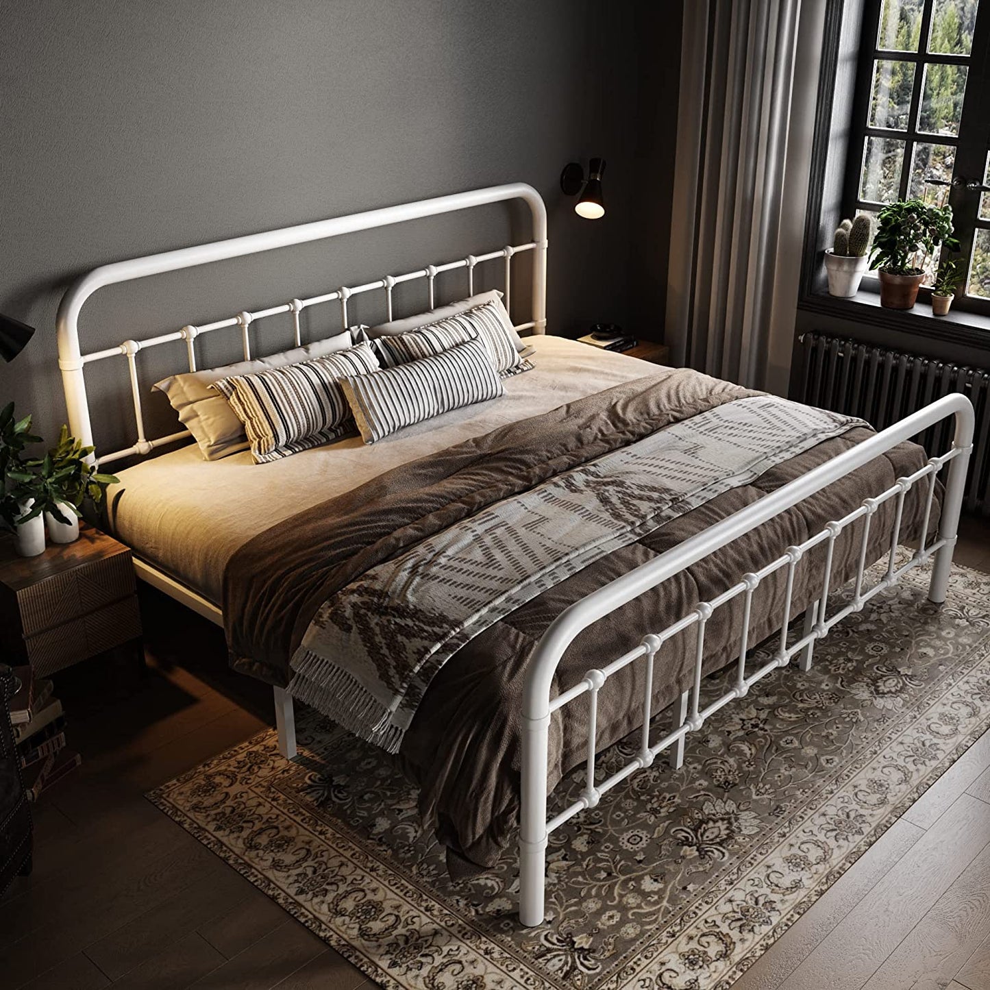 Allewie Metal Platform Bed Frame with Victorian Style Wrought Iron-Art Headboard/Footboard, White