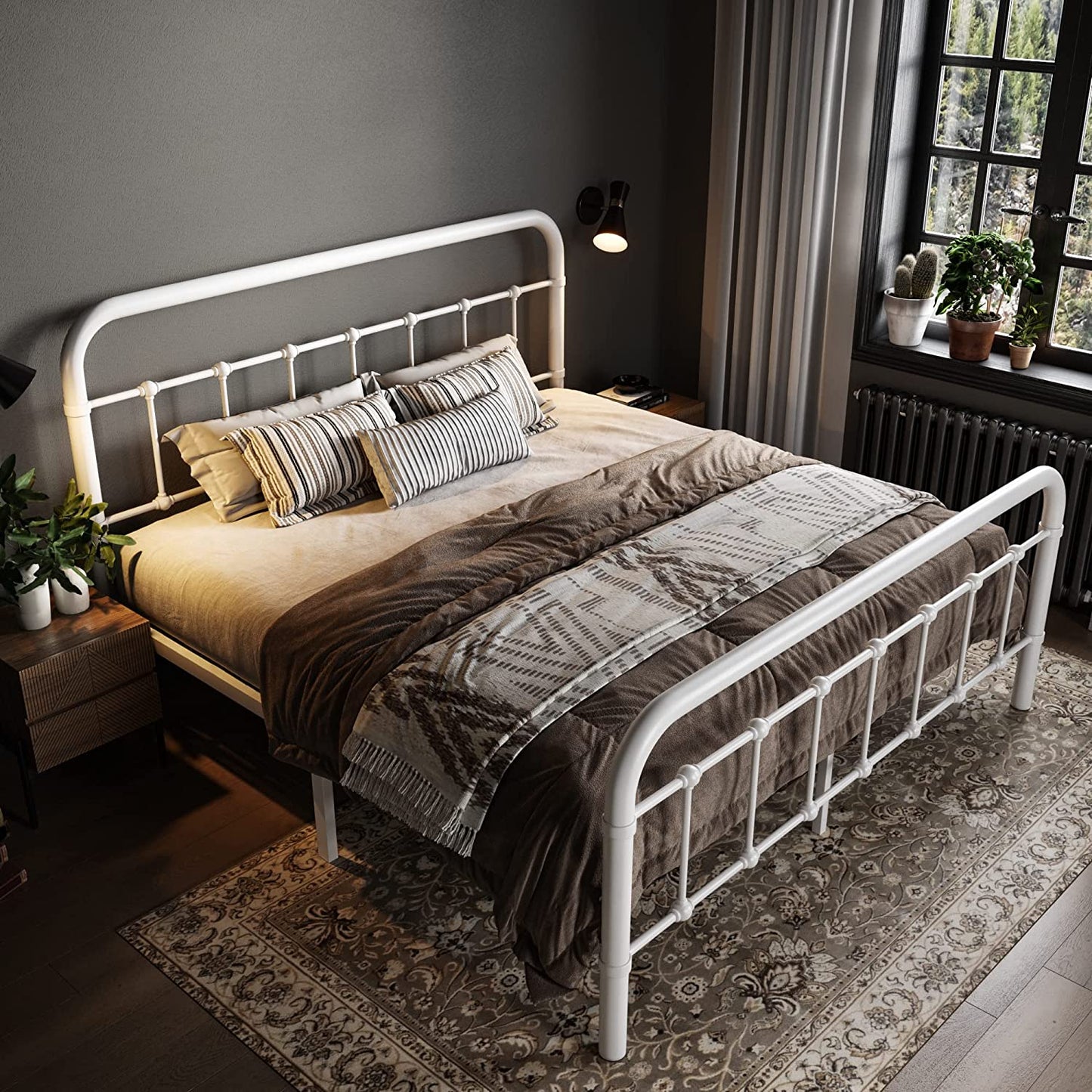 Allewie Metal Platform Bed Frame with Victorian Style Wrought Iron-Art Headboard/Footboard, White