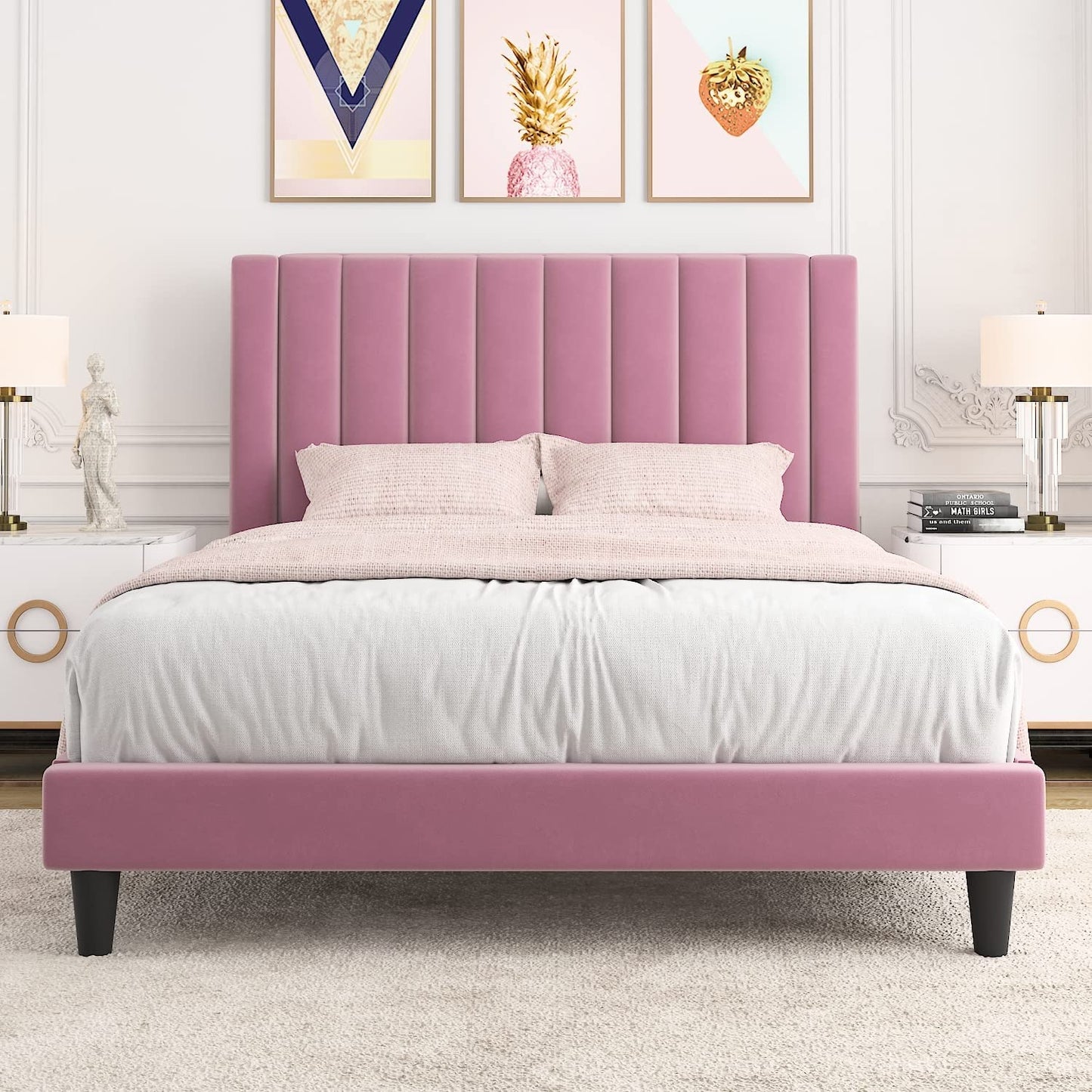 Allewie Velvet Upholstered Bed Frame with Vertical Channel Tufted Headboard, Light Pink
